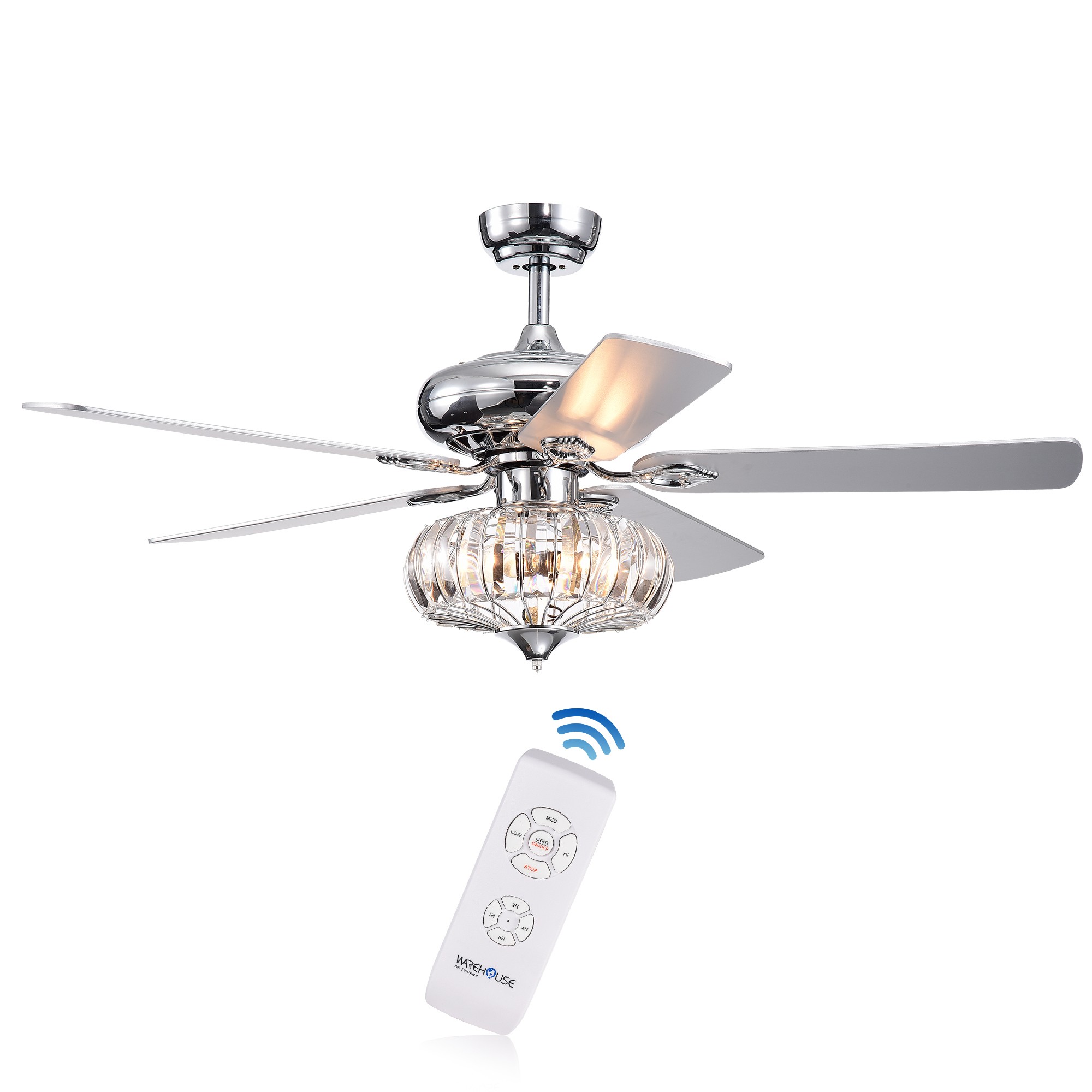 Kyana DeBase 52-Inch 5-Blade Chrome Lighted Ceiling Fans with Crystal Bowl Shade (Optional Remote Control)
