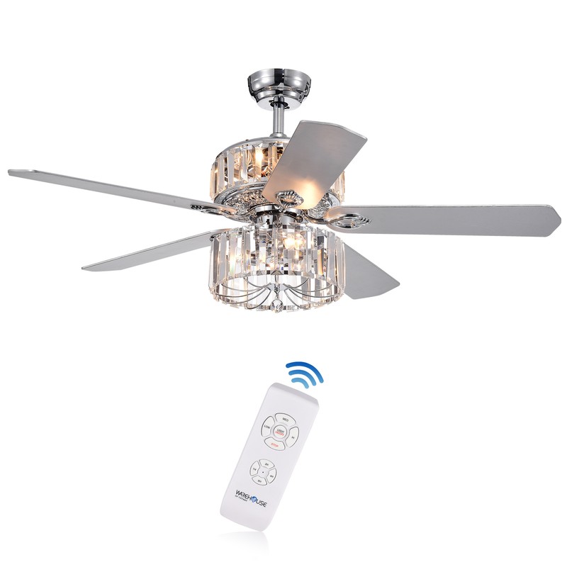 Perris 52-Inch 5-Blade Chrome Lighted Ceiling Fan with 2-Tier Crystal Shade Optional Remote (2 Color Option Blades)