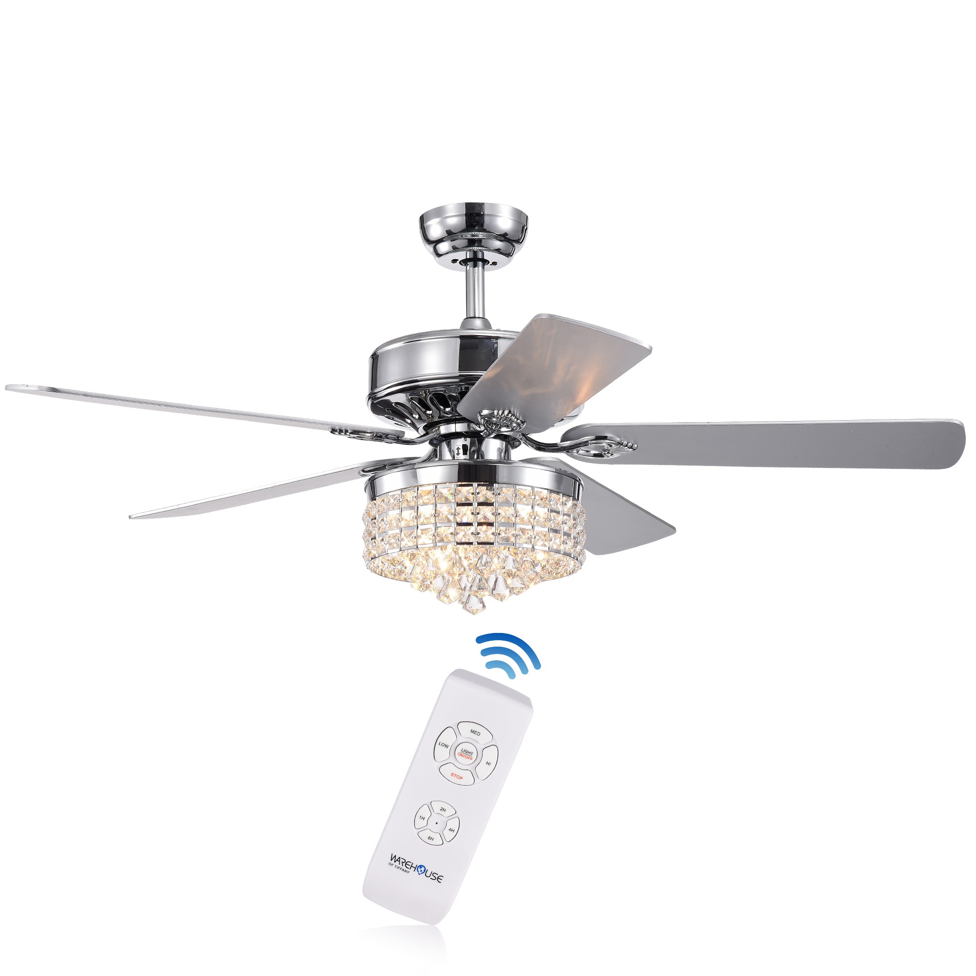 Letta Chrome 52-Inch 4-light 5-Blade Lighted Ceiling Fan Crystal Shade 2 Blade Colors (Optional Remote)