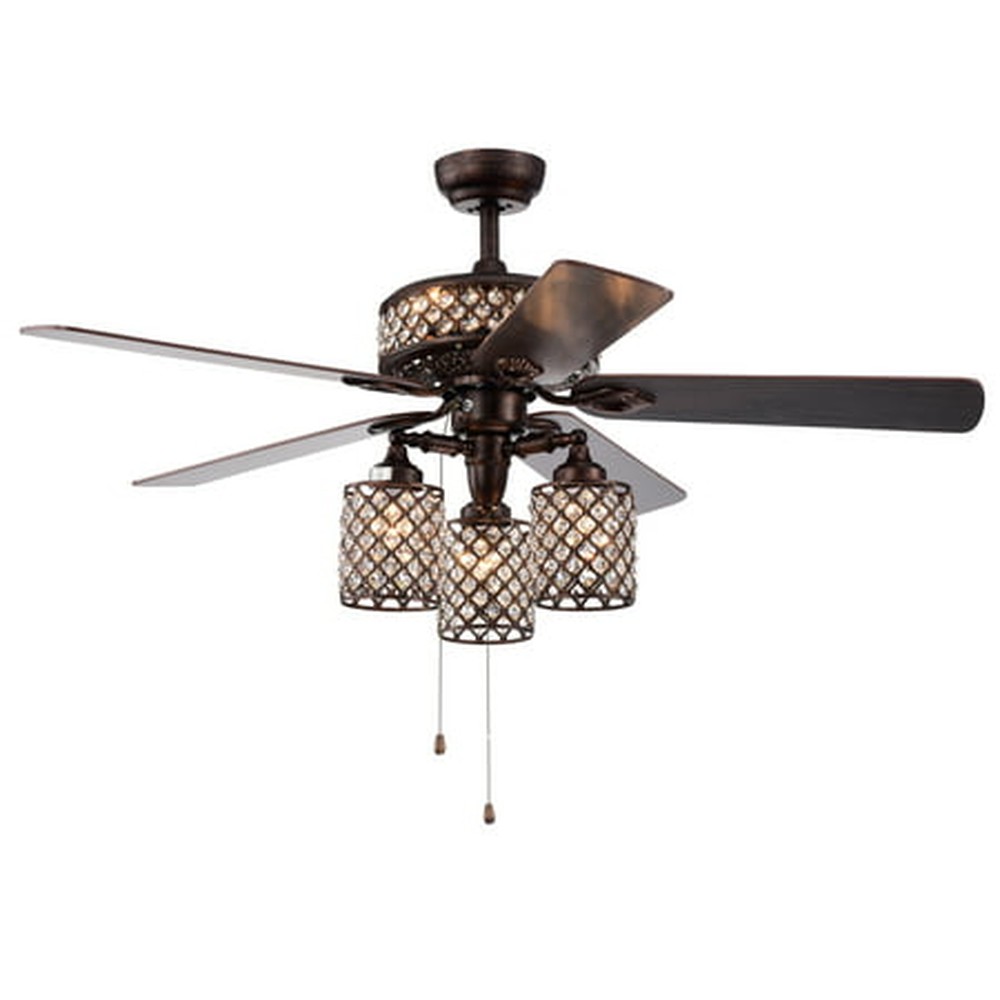 Pristil 5-Blade 52-Inch Rustic Bronze Lighted Ceiling Fans with Crystal Grid Shade (2 Color Option Blades)