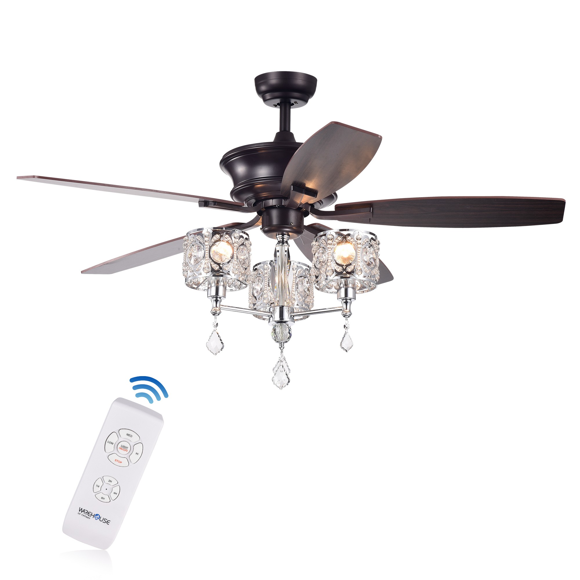 Tibedo 5-Blade 52-Inch Dark Brown Ceiling Fan with 3-Light Crystal and Chrome Chalice Chandelier (Remote Controlled)