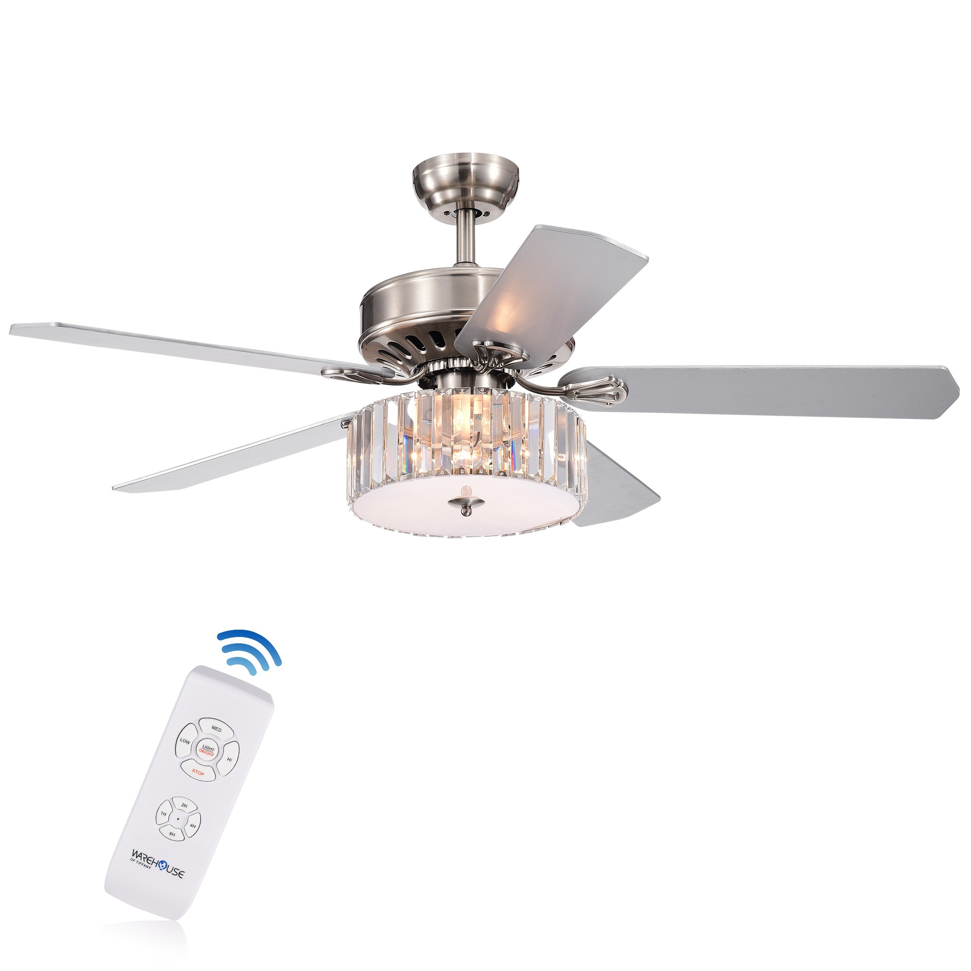 Kimalex 52-inch 3-light 5-blade Lighted Ceiling Fan with Wood Nickel Crystal Shade (Optional Remote)