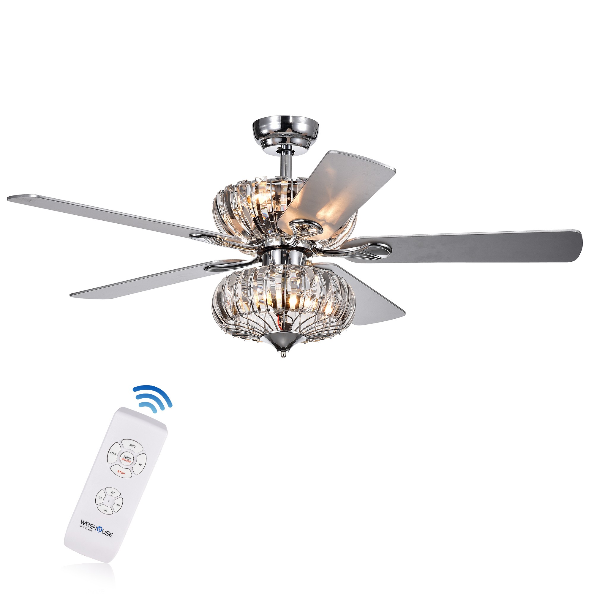 Kyana 6-light Crystal 5-blade 52-inch Chrome Ceiling Fan (Remote Optional & 2 Color Option Blades)