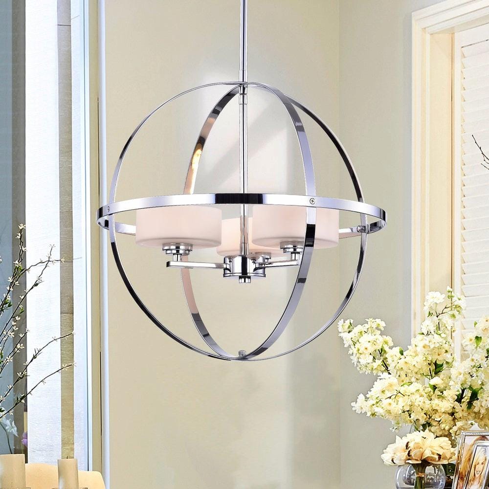 Zenta Chrome 16-inch 3-light Round Cage Pendant with Frosted Glass Shades