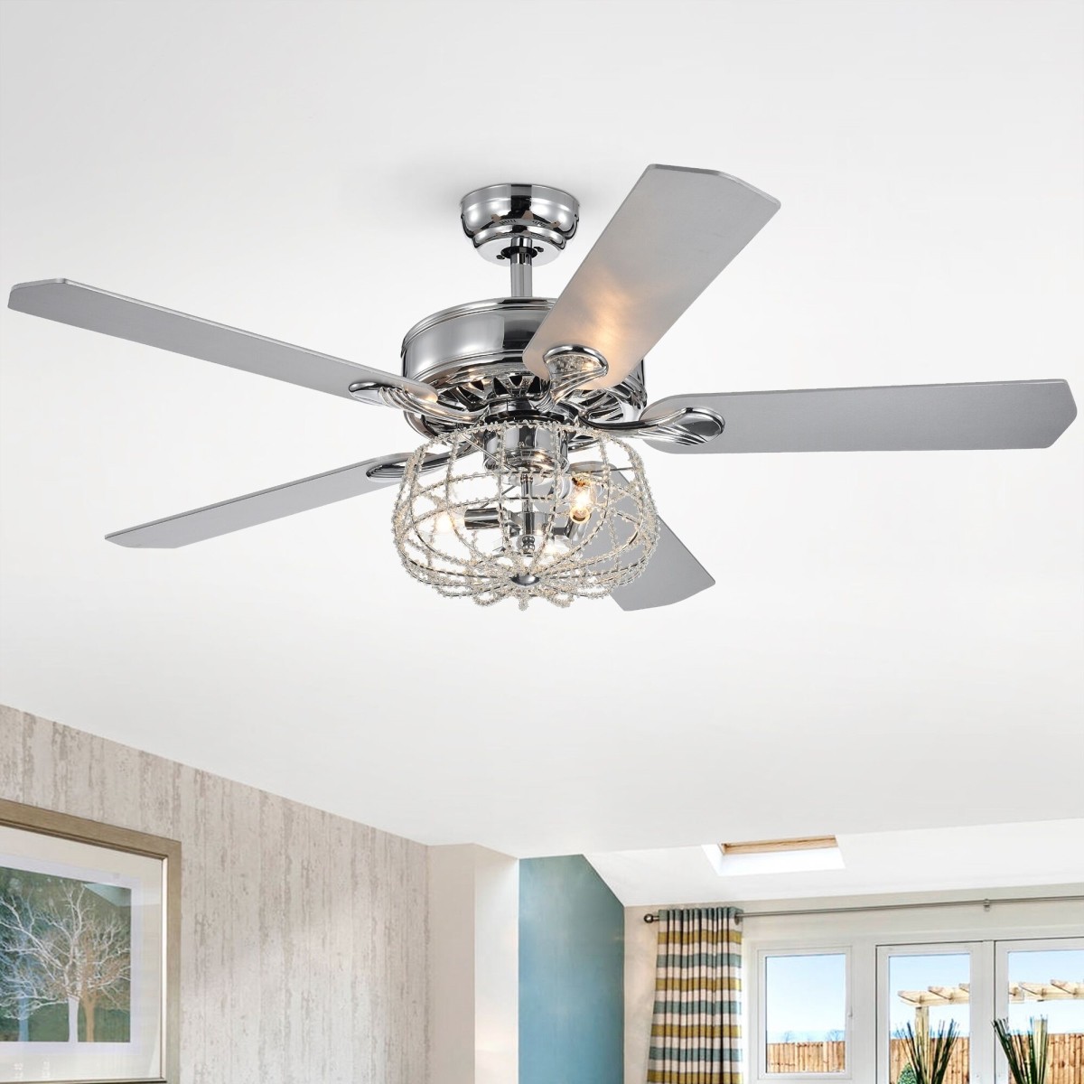 Kishel Chrome 5-Blade Lighted Ceiling Fan with Cage Chandelier (includes Remote and 2 blade color options)