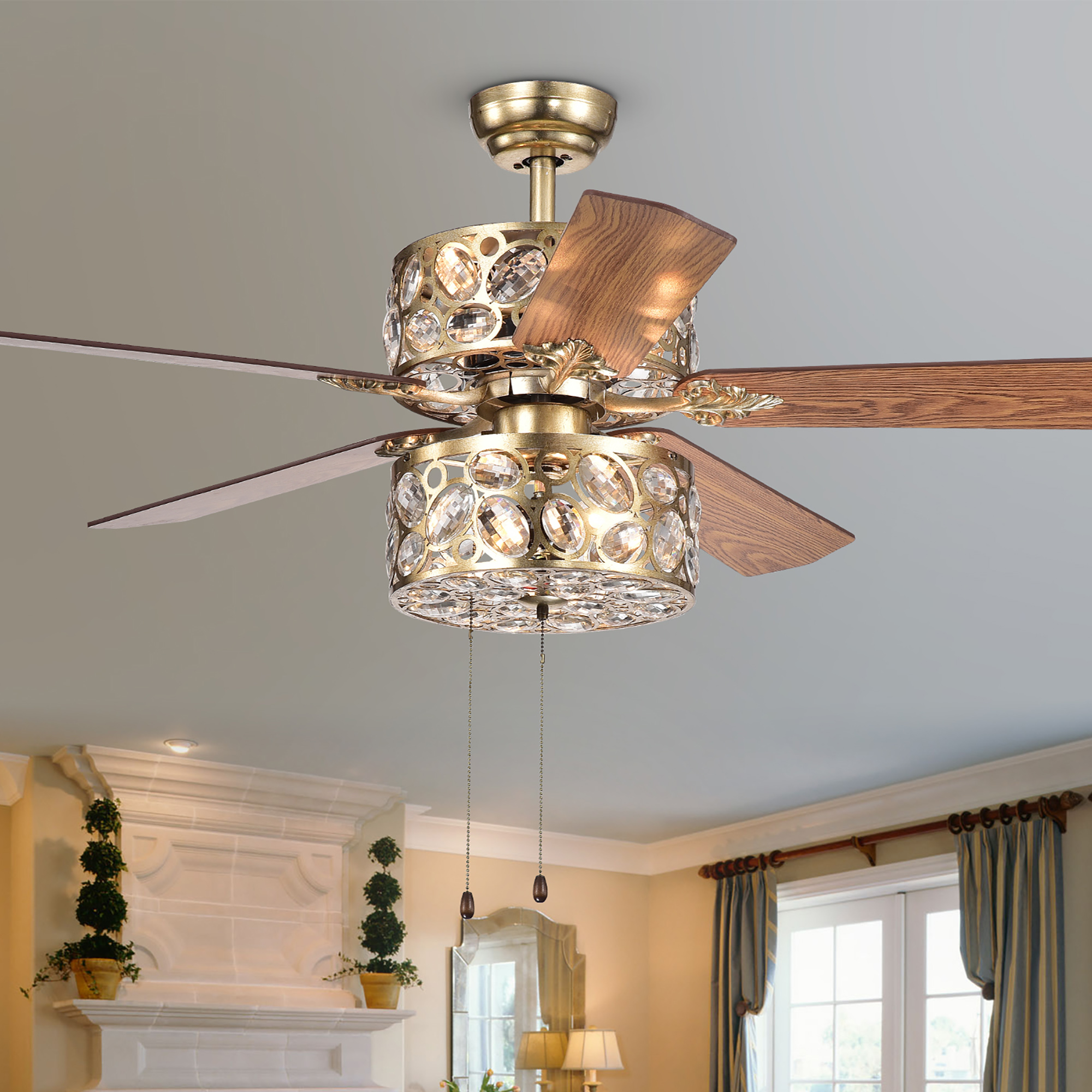 Thisavro 5-Blade Ceiling Fan 52-Inch Antique Brass and Crystal