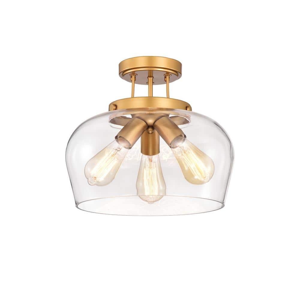 Sadie Matte Gold 3-Light Clear Curved Glass Shade Semi-Flush Mount