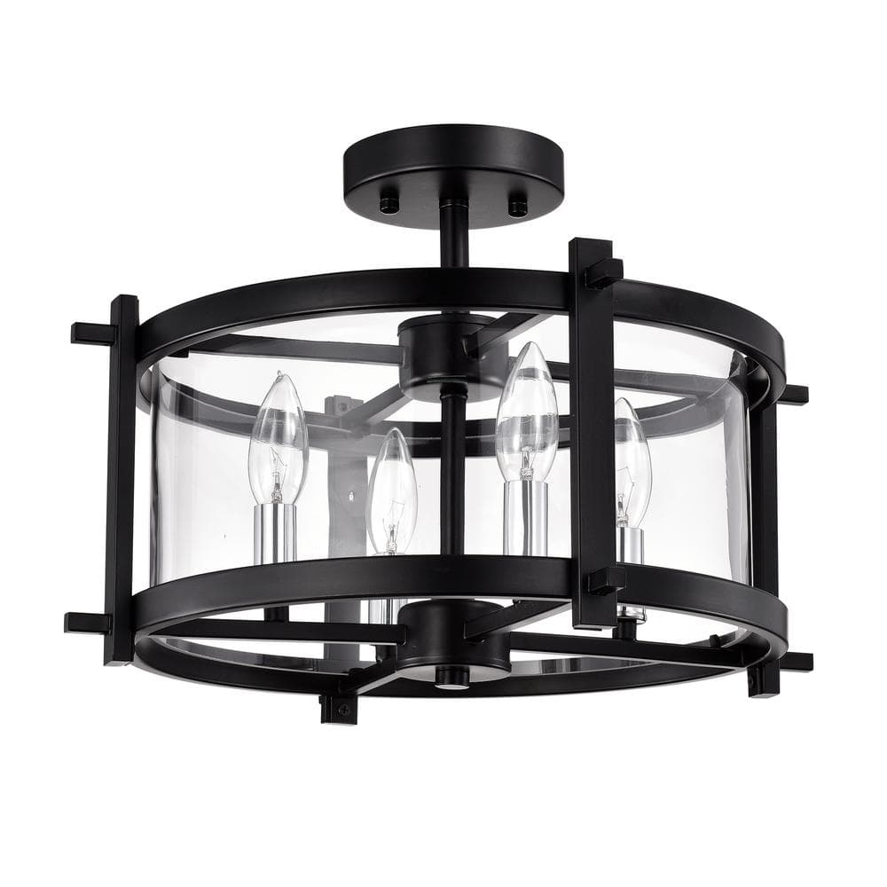 Sania Matte Black 4-Light Caged Clear Glass Shade Semi-Flush Mount