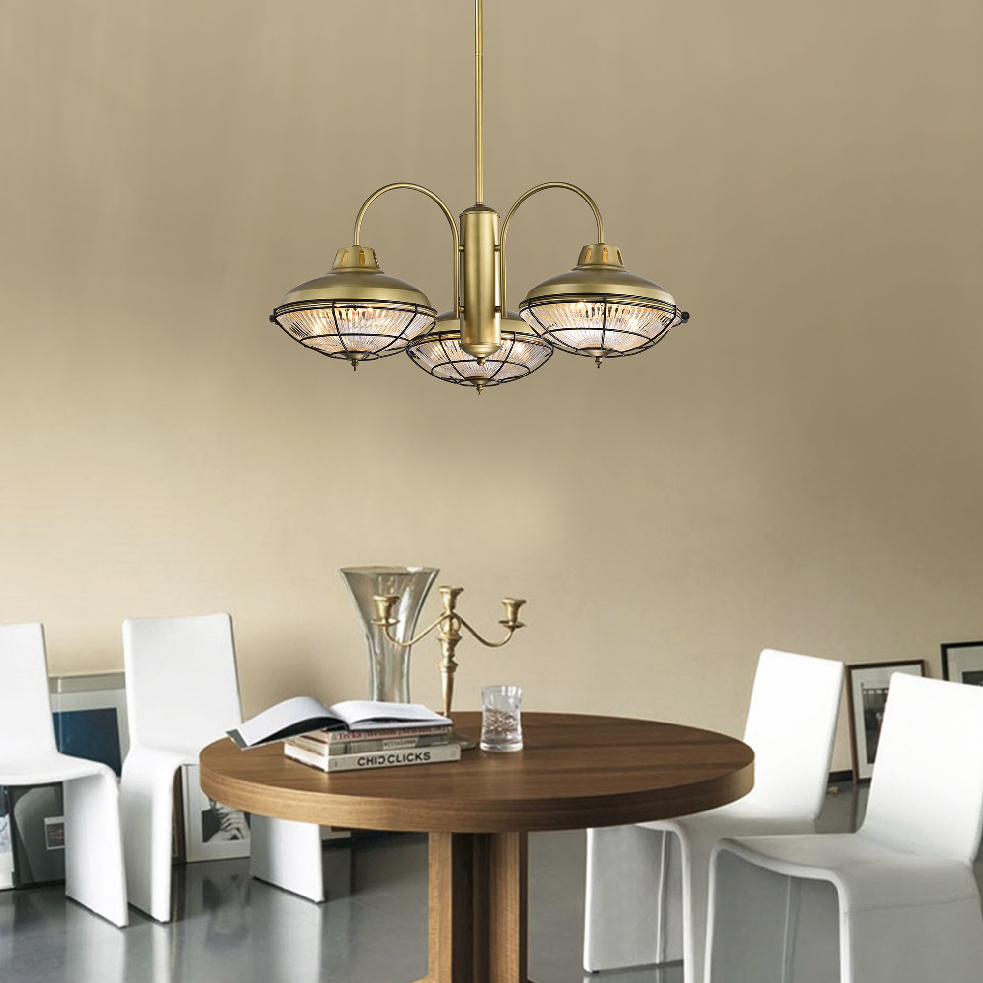 Minny Brushed Bronze 3-Light Chandelier with Rippled Glass and Metal shade