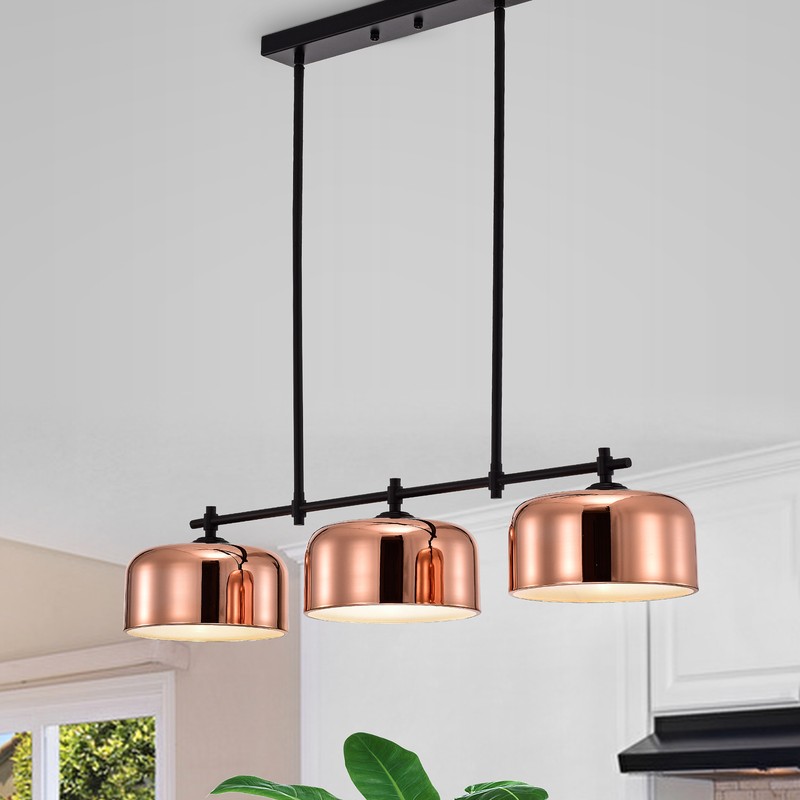 Janitza Rose Gold & Matte Black Metal Bowl Shade 3-Light Chandelier