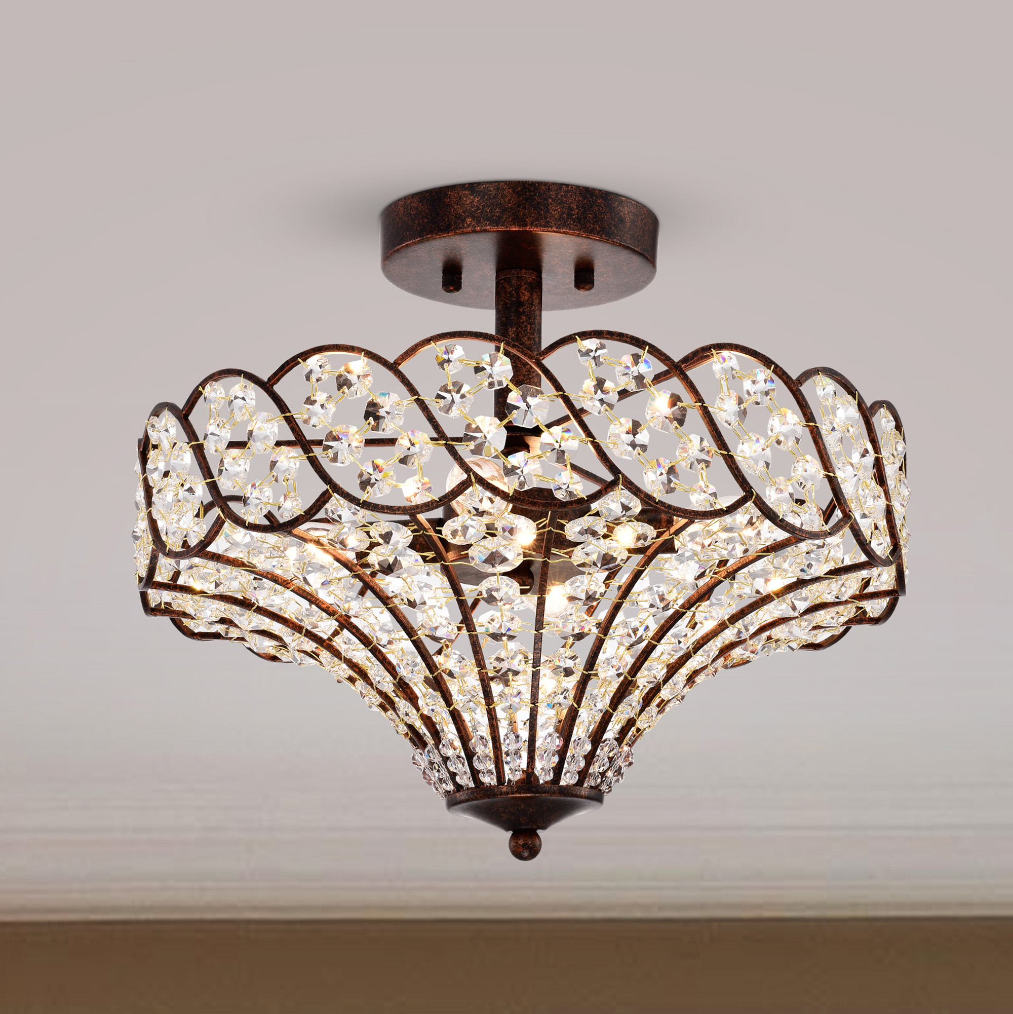 Maica Rustic Bronze 4-Light Abstract Crystal and Metal Semi-Flush Mount