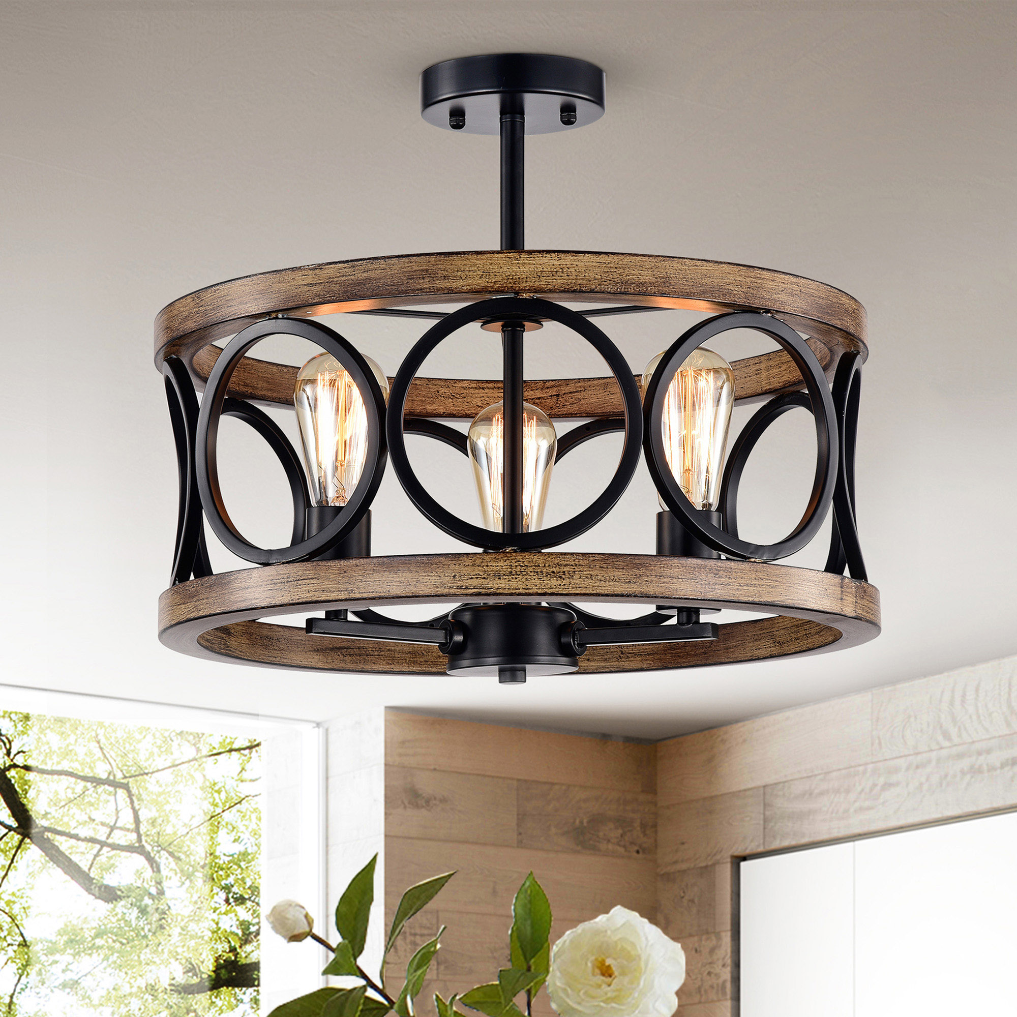 Shacer Matte Black/ Faux Wood 3-light Hood Design Ceiling Lamp