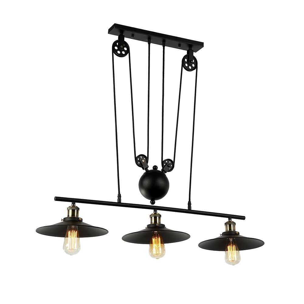 Chorne 3-Light Pulley Adjust Black Chandelier Edison Bulbs Included