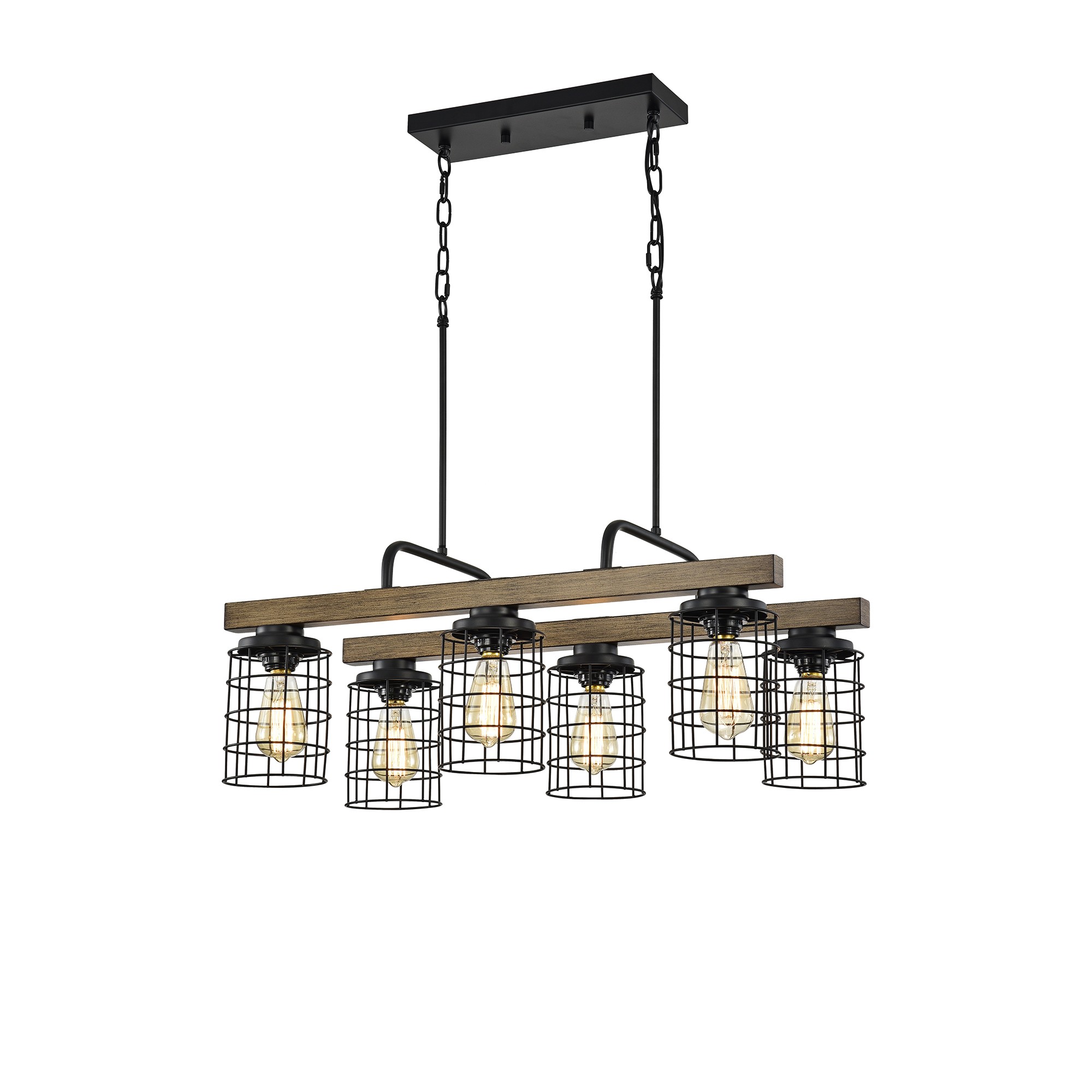 Kite Matte Black & Imitation Wood Grain 6-Light Caged Chandelier