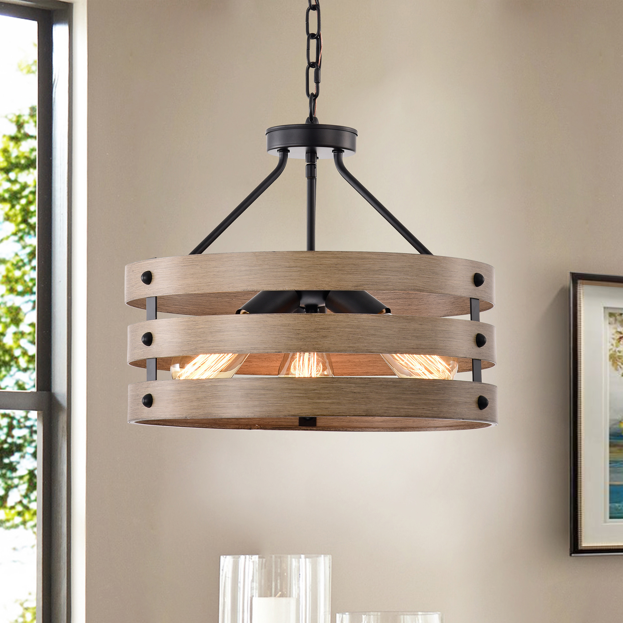 Fleur 16 Inch Matte Black and Imitation Wood Grain with 3 Light Drum Chandelier