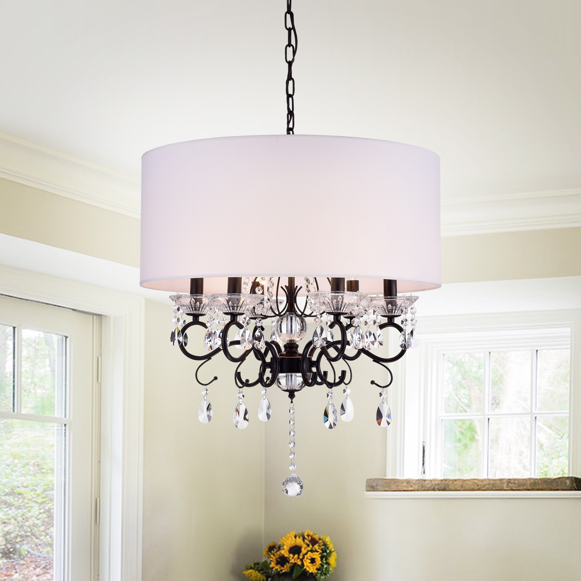 Warehouse of Tiffany Ninian Oiled-rubbed Bronze Crystal/Metal 6-light Chandelier with Fabric Drum Shade