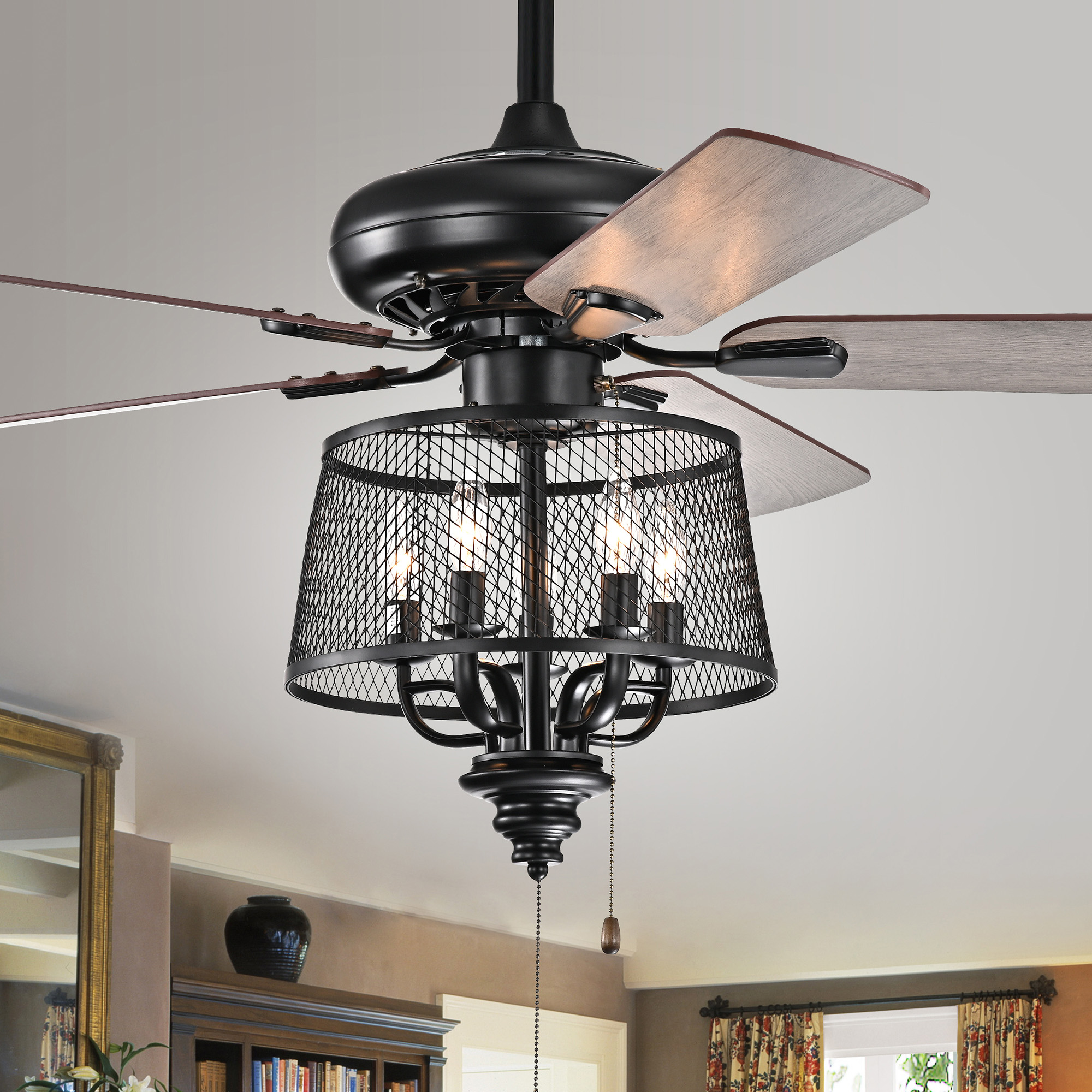 Silver Orchid Loy 5 Blade Lighted Ceiling Fan with Mesh Shaded Branched Chandelier