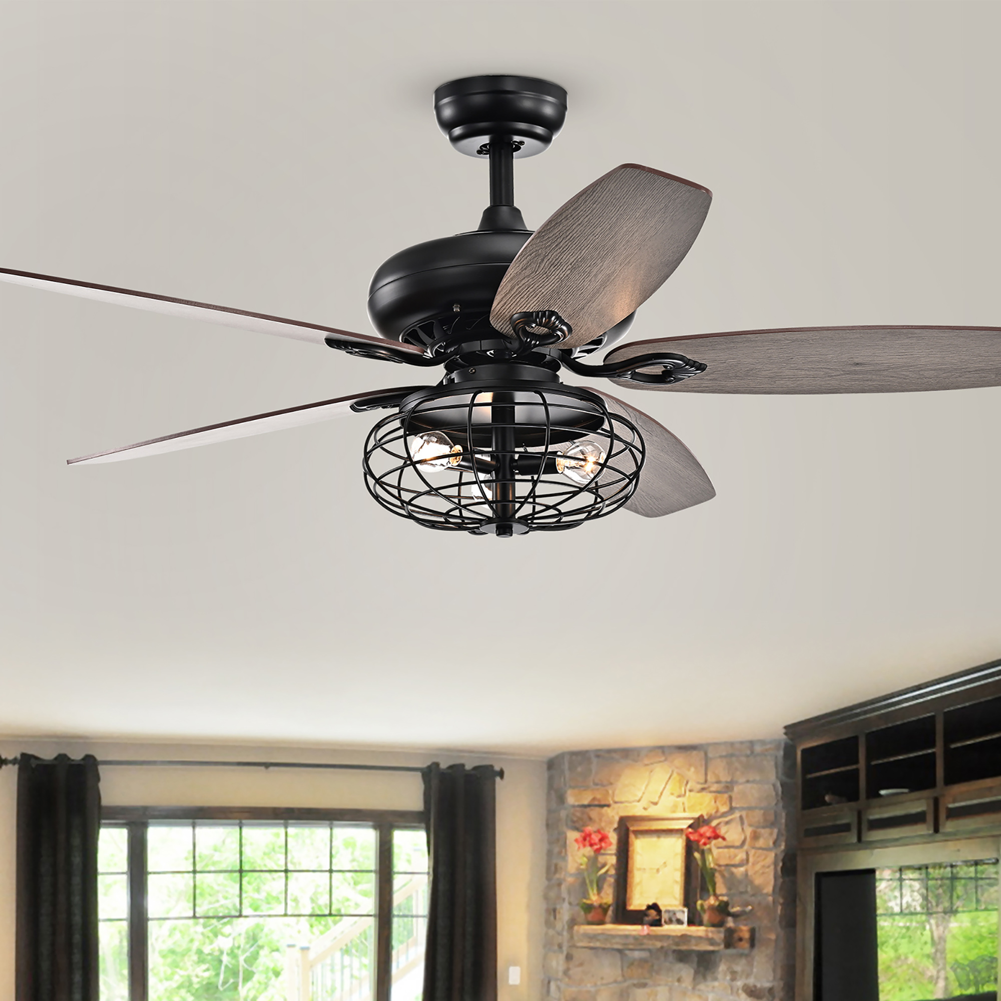 Joye Matte Black 52-Inch 5-Blade Lighted Ceiling Fan with Globe Metal Shade (optional Chrome Finish)