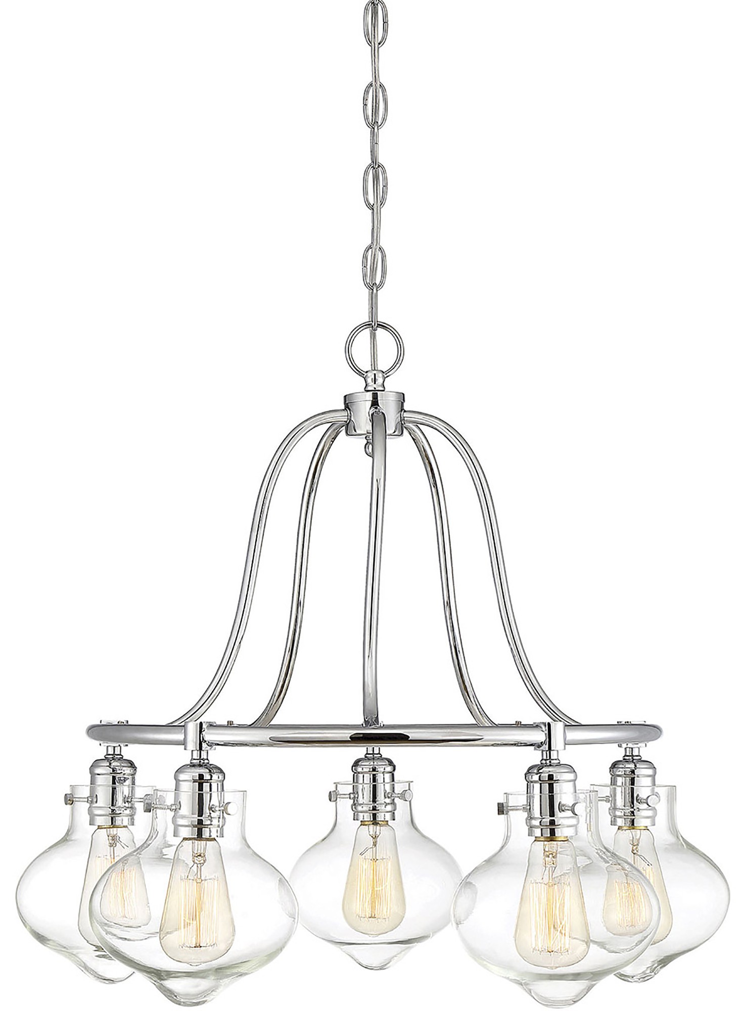 Leigh Brushed Nickel 5-Light Open Cage Metal Chandelier with Clear Schoolhouse Glass Shades