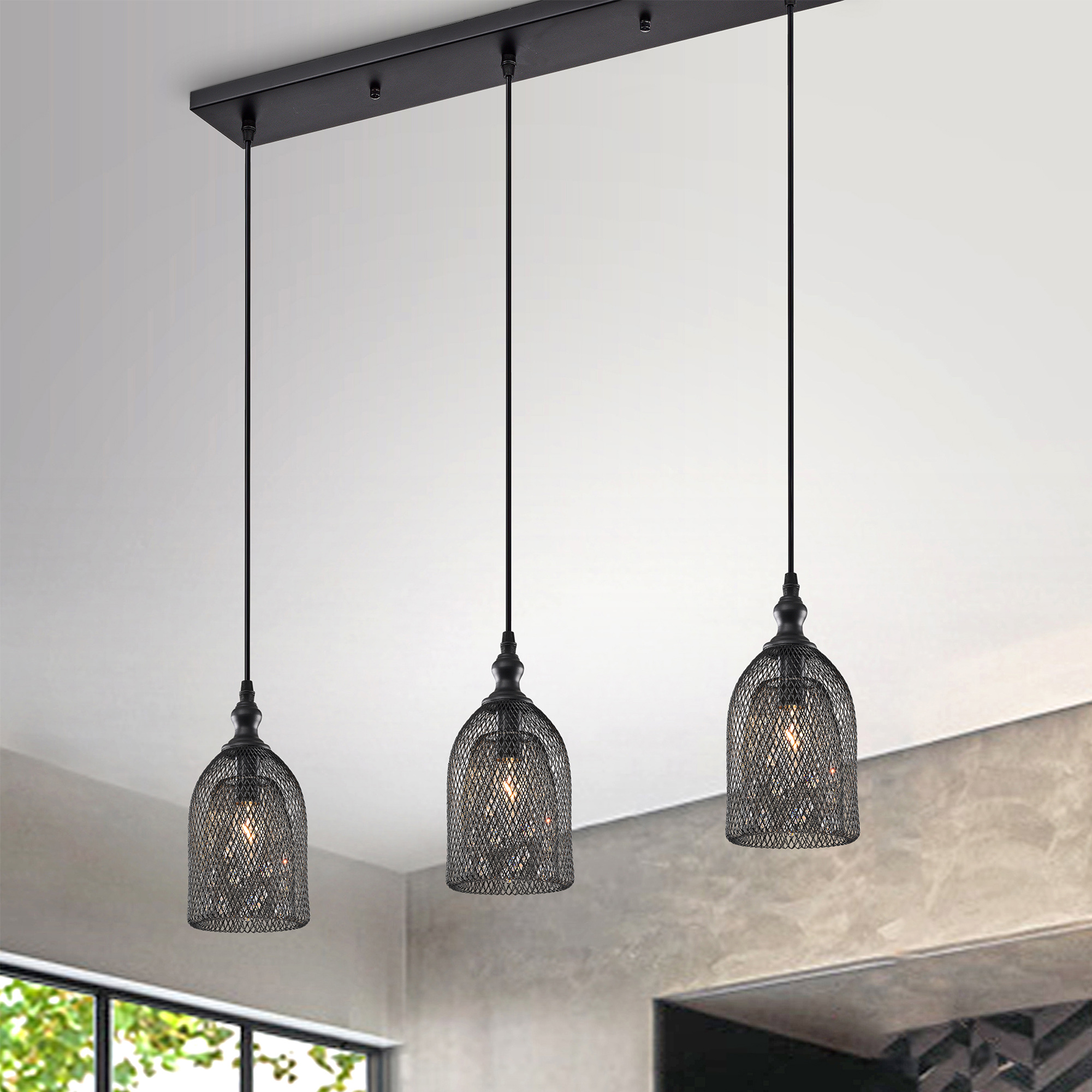 Marvin Matte Black 3-Light Metal Bell Shades Linear Pendant Light with Clear Crystals Design