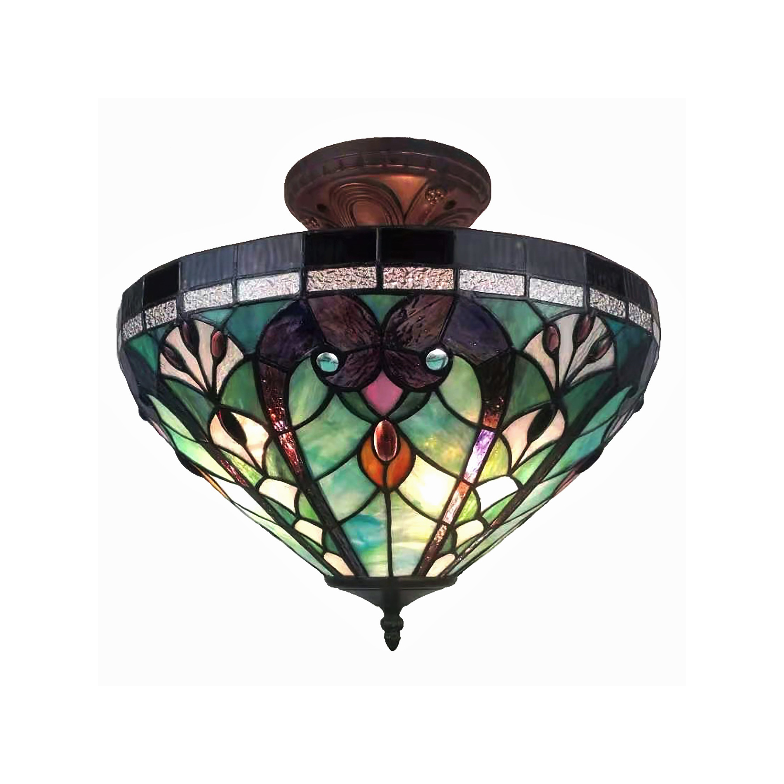 Carol Bronze 2-Light Tiffany-Style Stained Glass Semi-Flush Mount