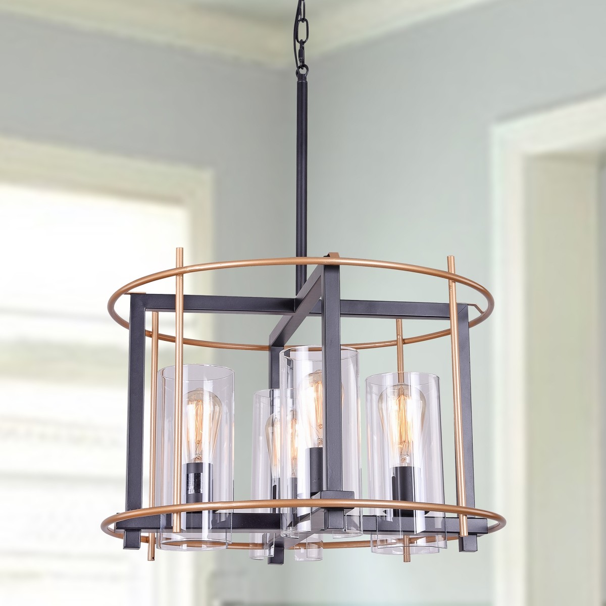 Pierre Matte Black+Gold/Bronze 4-Light Metal Drum Chandelier with Clear Glass Shades