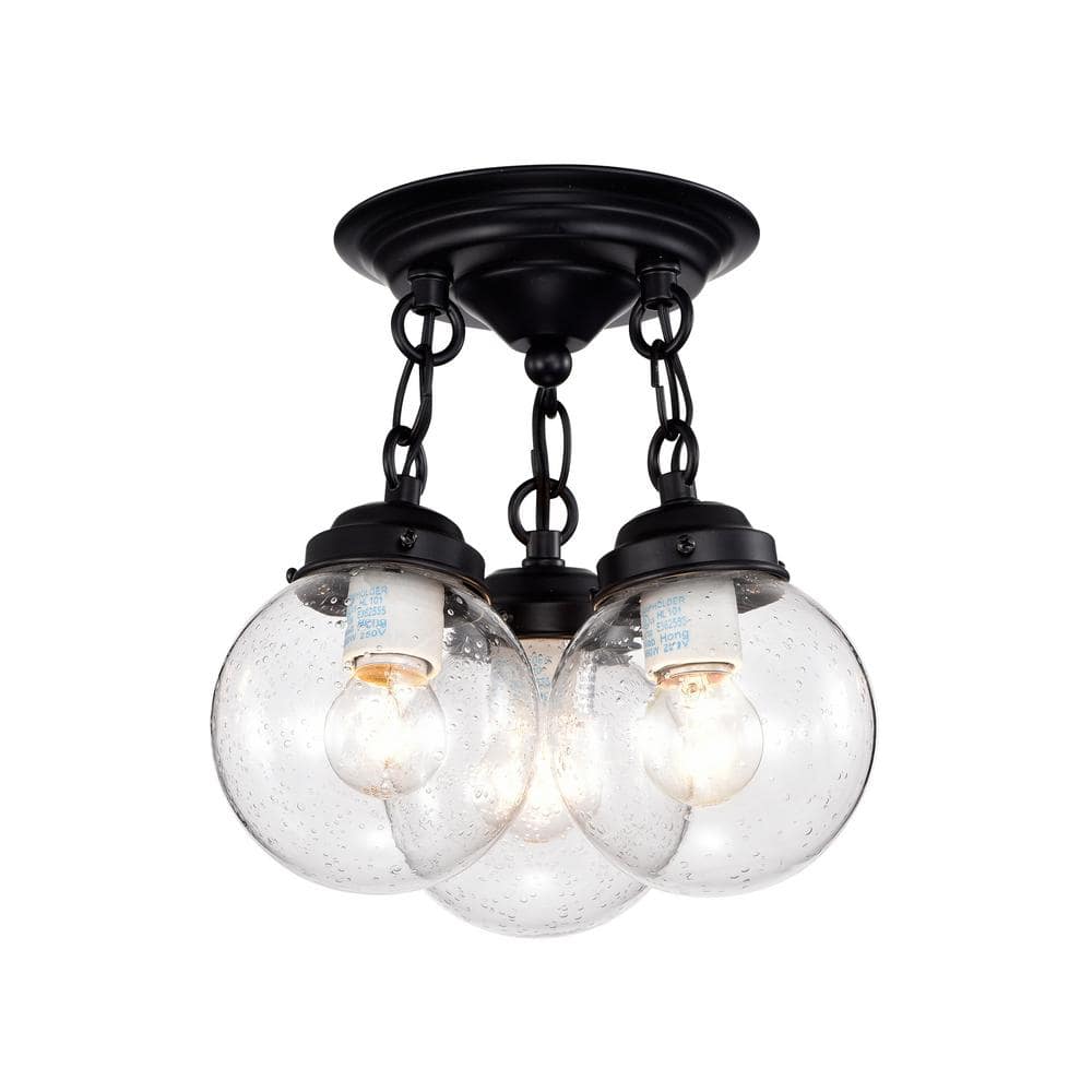 Abver Matte Black 3-Light Clear Glass Globe Semi-Flush Mount