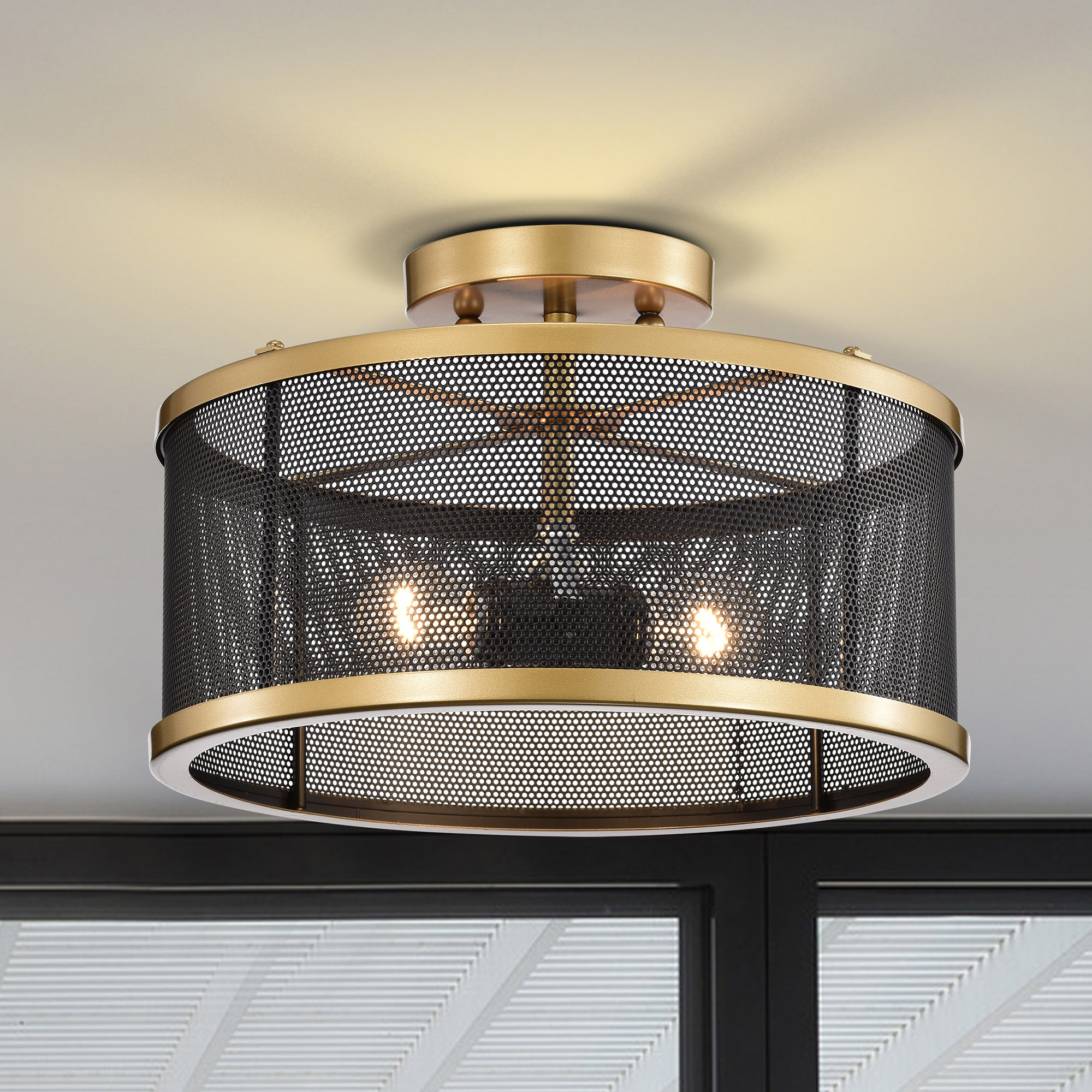 Perin Matte Black+Gold 2-Light Metal Drum Semi-Flush Mount