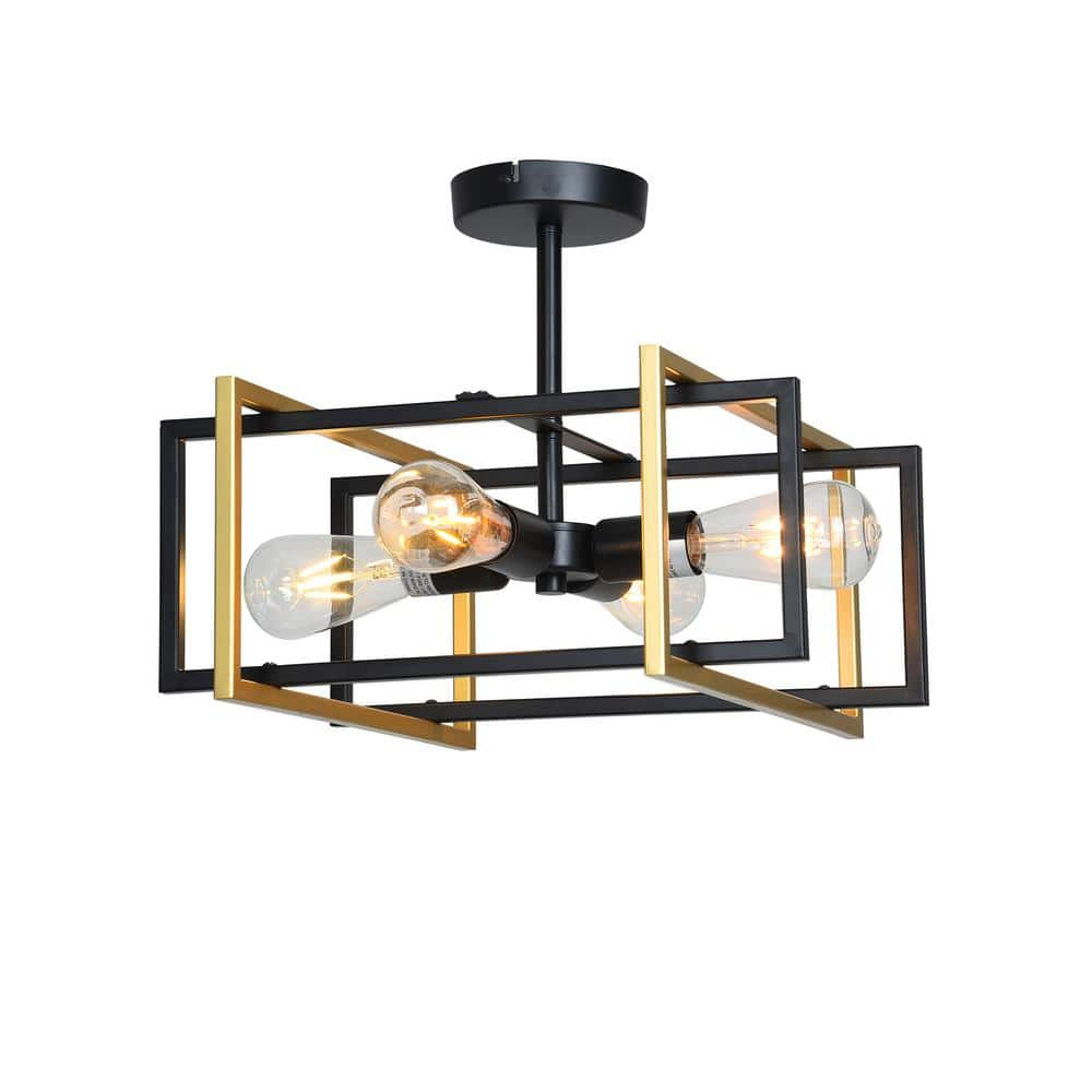 Rizwan 15 in. 4-Light Indoor Matte Black and Gold Finish Semi-Flush Mount Light with Light Kit