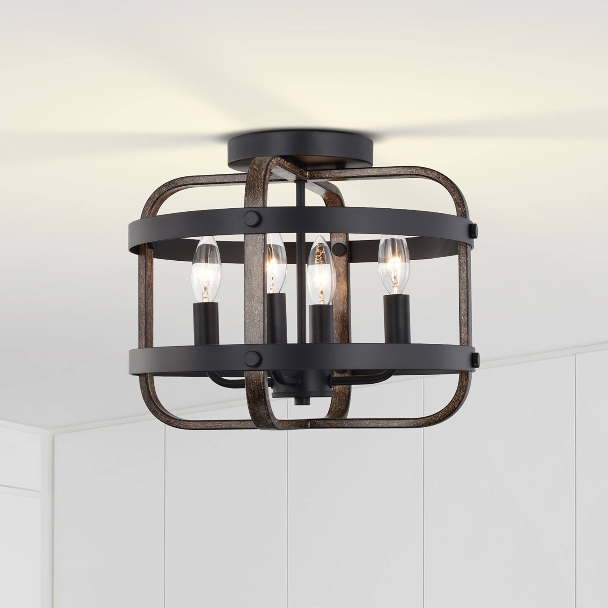 Juno 14 in. 4-Light Indoor Brown and Matte Black Finish Semi-Flush Mount Ceiling Light with Light Kit and Remote