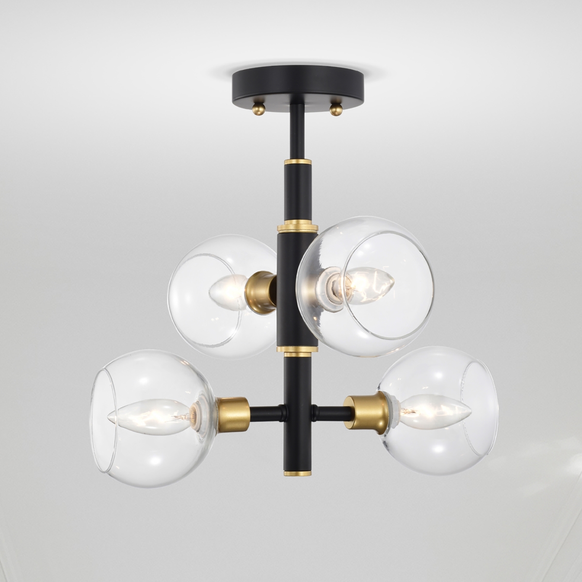 Silvia 15 in. 4-Light Indoor Matte Black and Gold Finish Semi-Flush Mount Ceiling Light with Light Kit and Remote