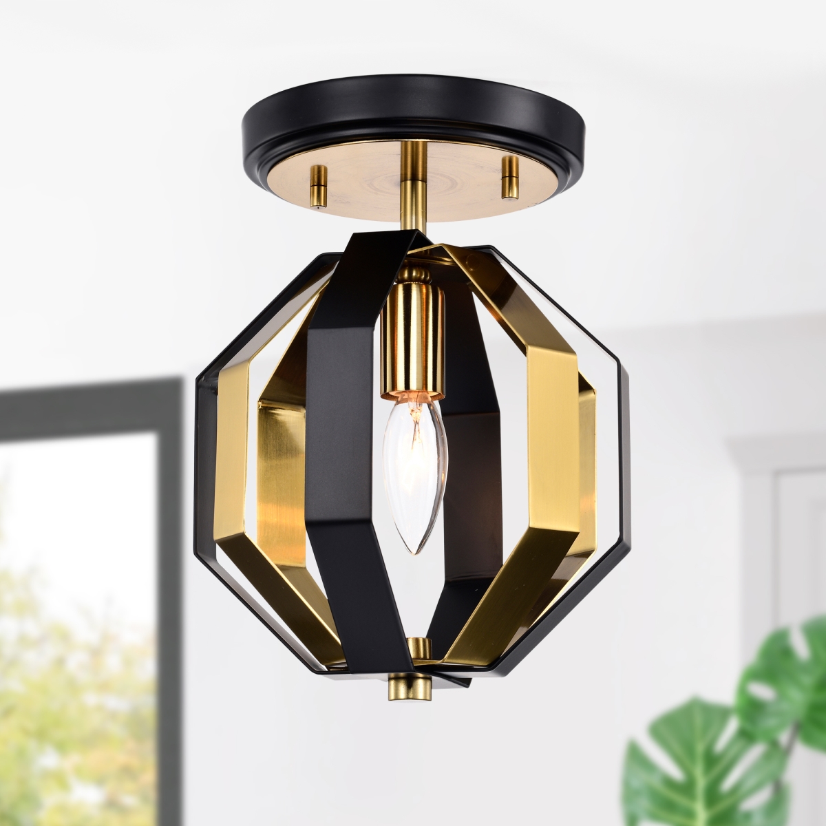 Felicia 8 in. 1-Light Indoor Matte Black and Gold Finish Semi-Flush Mount Ceiling Light with Light Kit and Remote