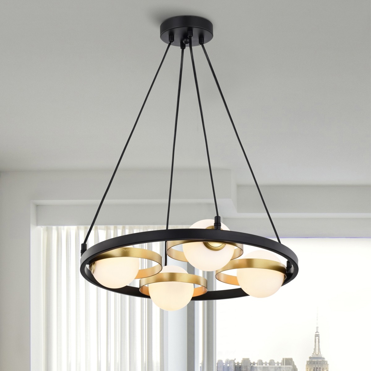 Pomponia 18 in. 4-Light Indoor Matte Black and Satin Gold Finish Chandelier with Light Kit