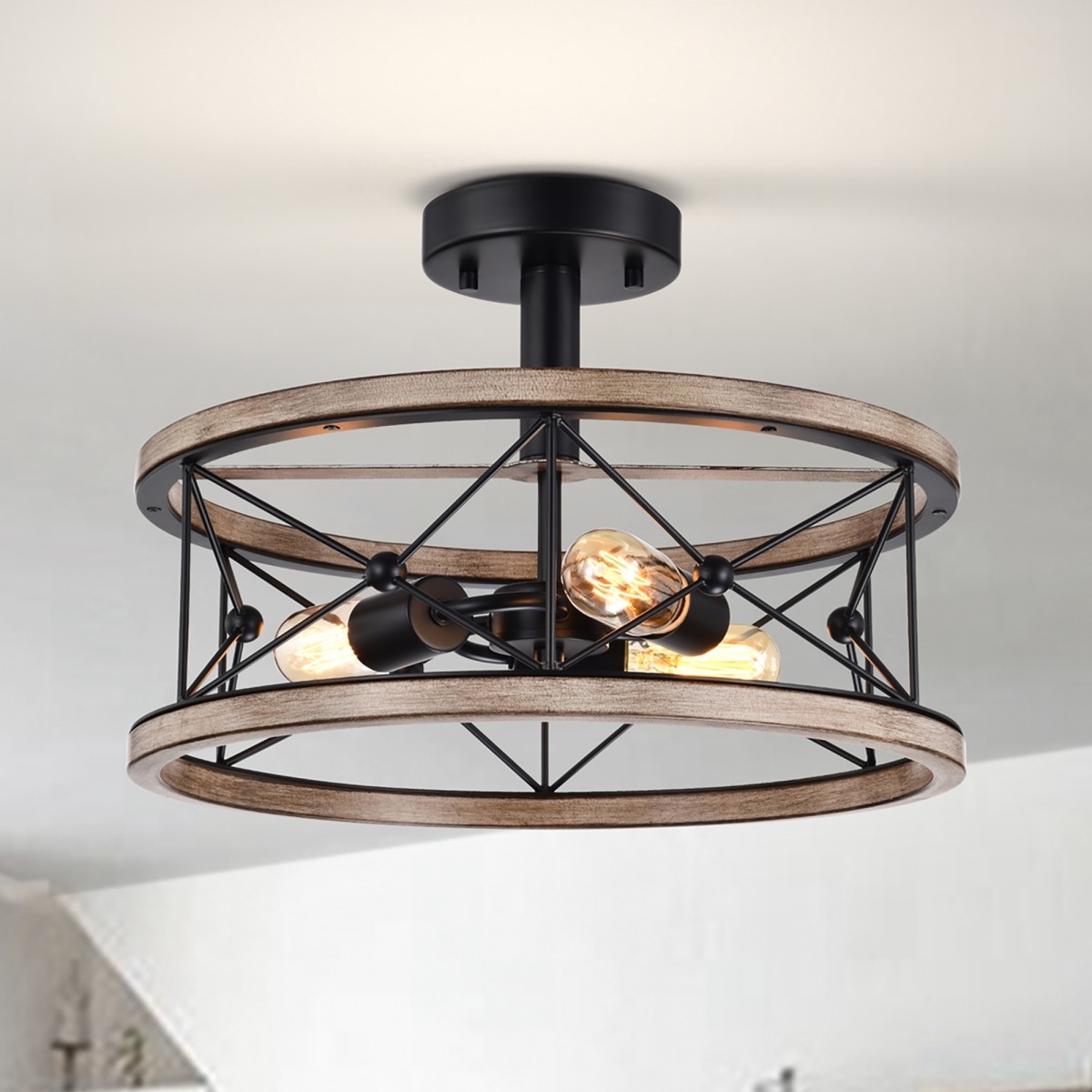 Sabinara 17 in. 3-Light Indoor Matte Black and Faux Wood Grain Finish Chandelier with Light Kit