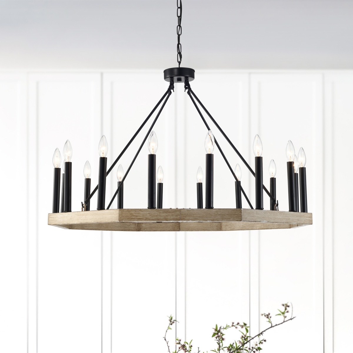 Kreka 37 in. 16-Light Indoor Matte Black Finish Chandelier with Light Kit