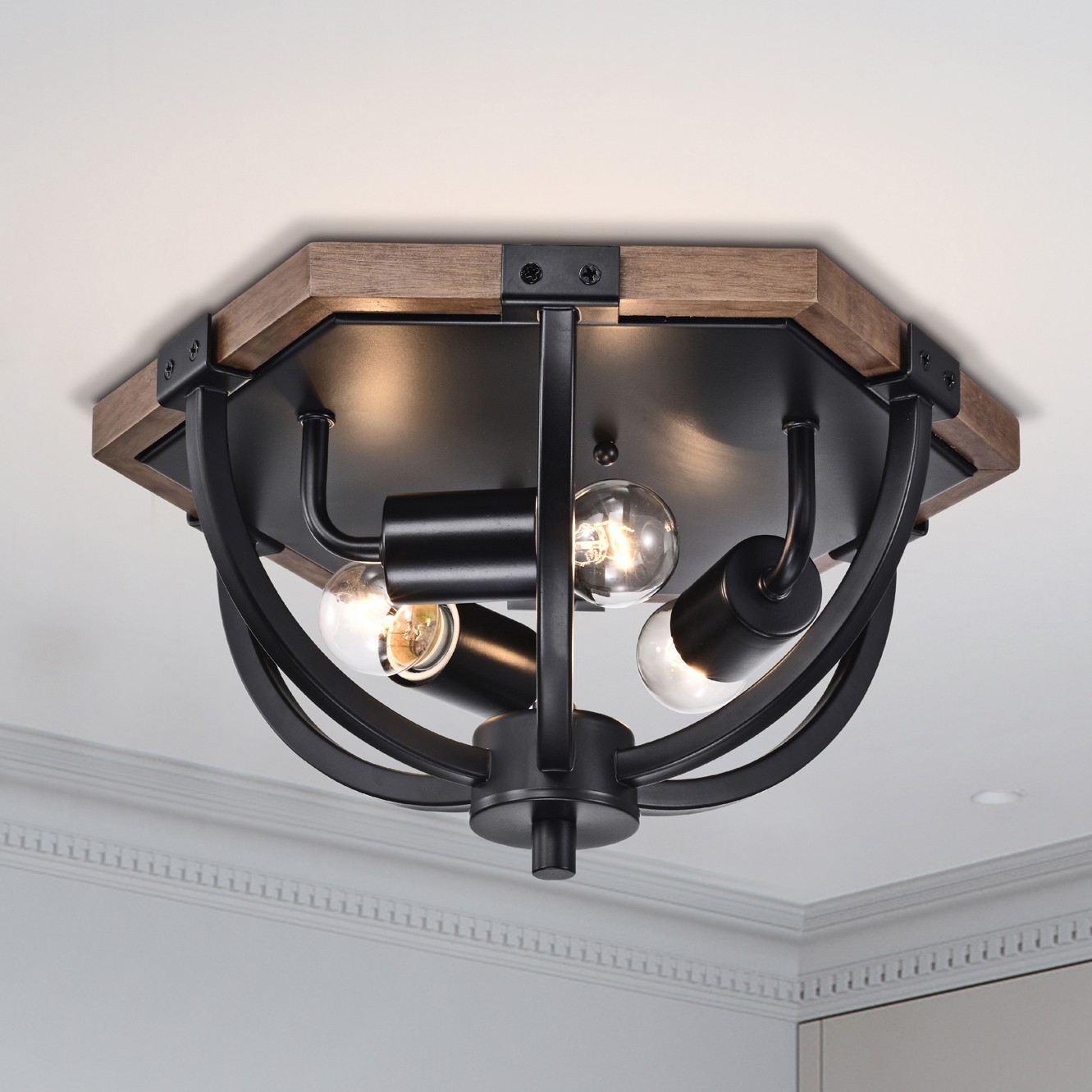 Fiona 12 in. 3-Light Indoor Matte Black and Faux Wood Grain Finish Flush Mount with Light Kit