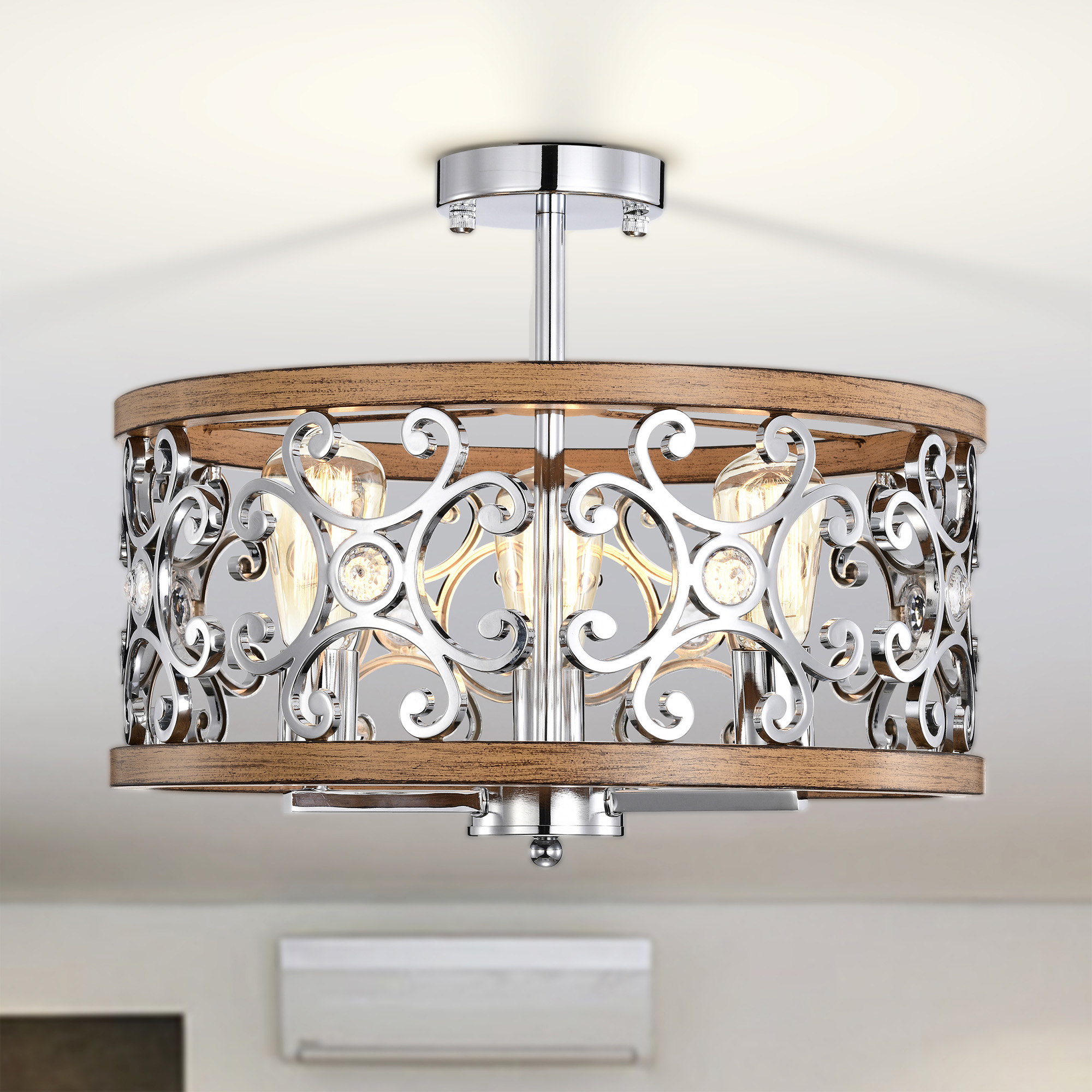 Sanne 18 in. 3-Light Indoor Chrome and Faux Wood Grain Finish Semi-Flush Mount Ceiling Light with Light Kit