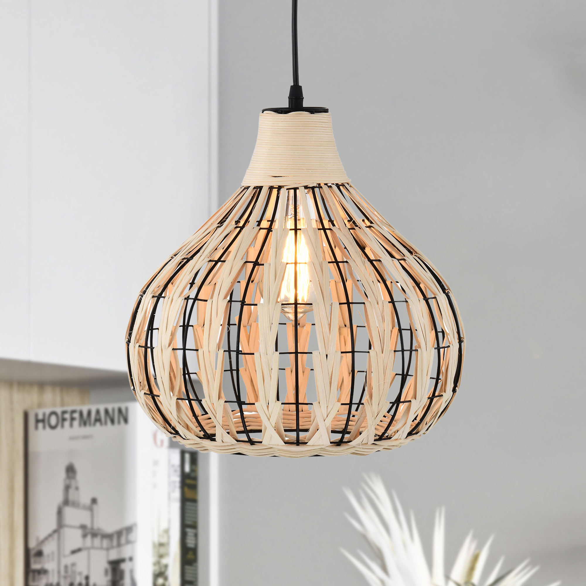Zilpah 12 in. 1-Light Indoor Matte Black and Woven Rattan Finish Pendant with Light Kit