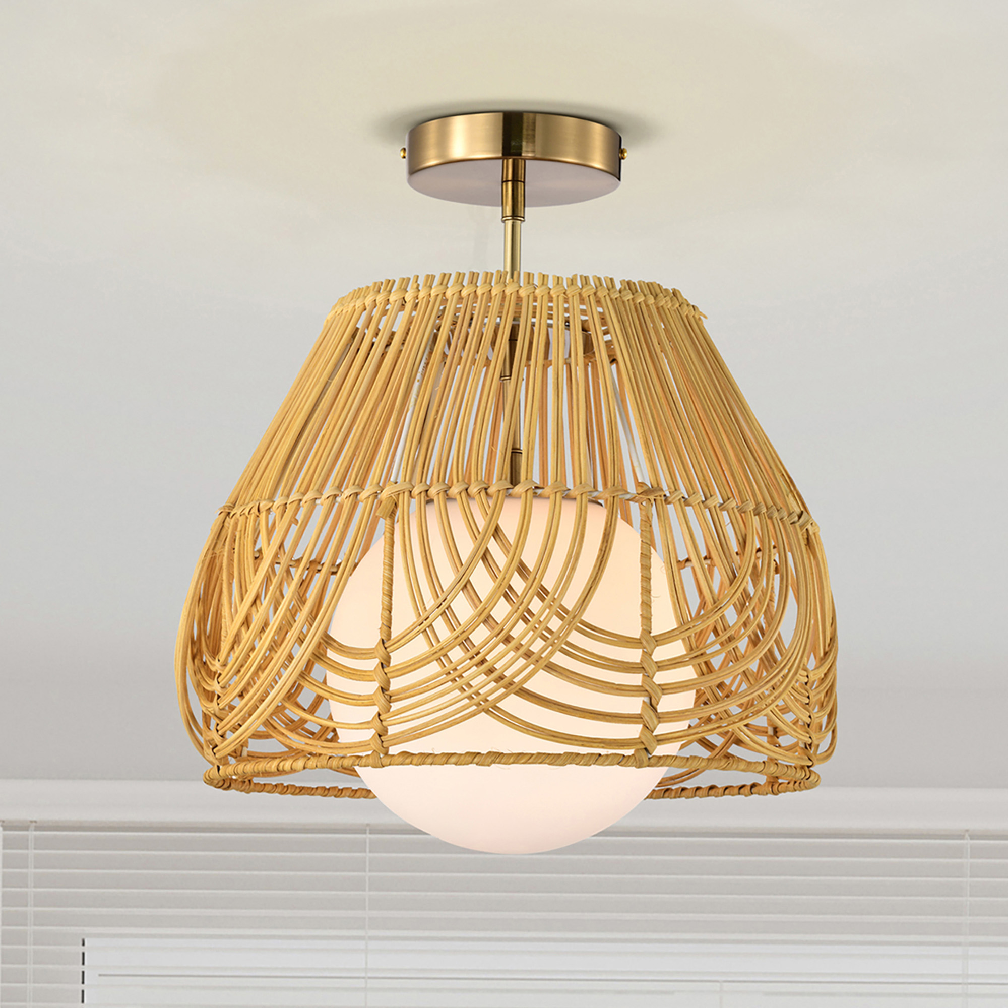Lada 13 in. 1-Light Indoor Brass and Woven Rattan Finish Semi-Flush Mount Ceiling Light with Light Kit