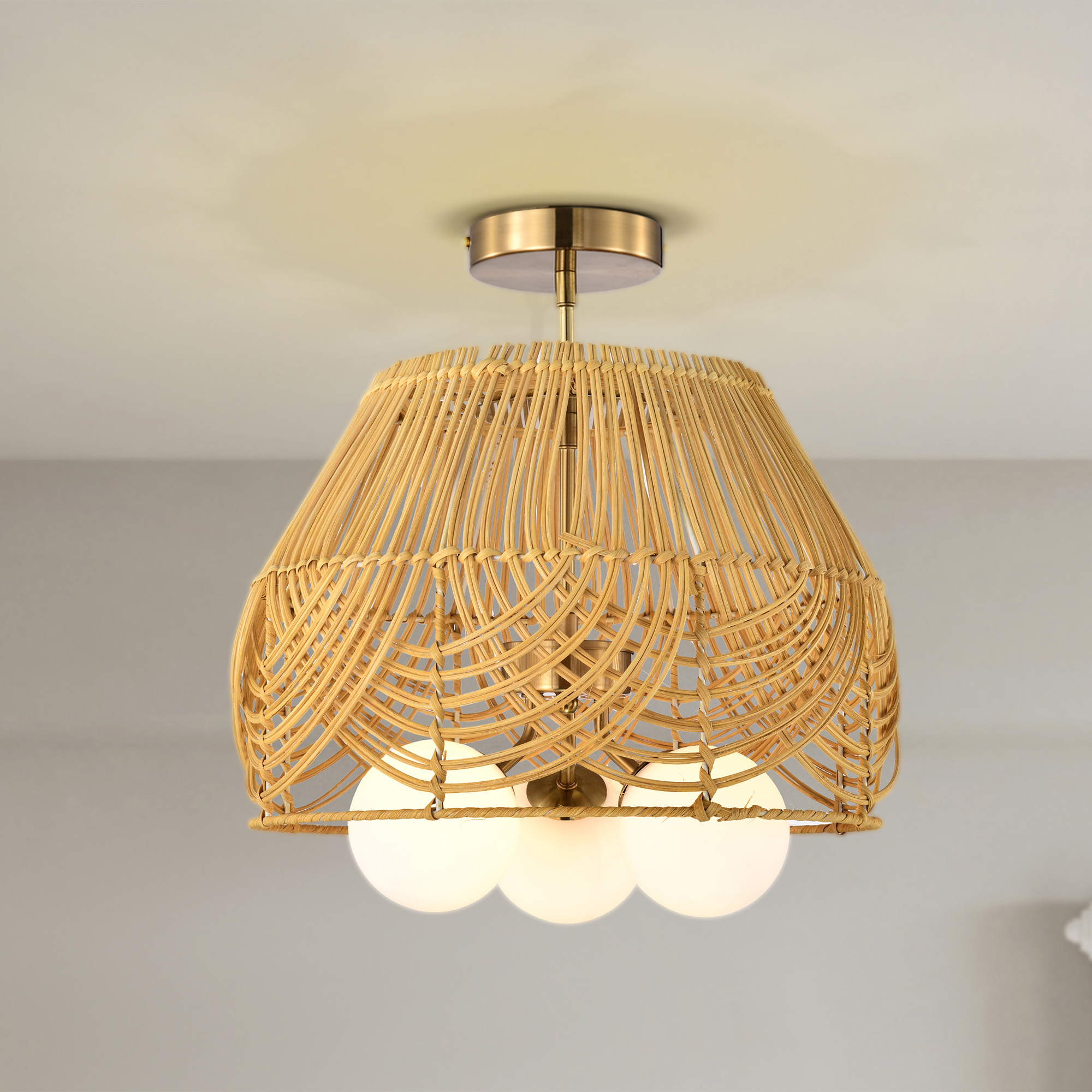 Lucilla 15 in. 3-Light Indoor Brass and Woven Rattan Finish Semi-Flush Mount Ceiling Light with Light Kit