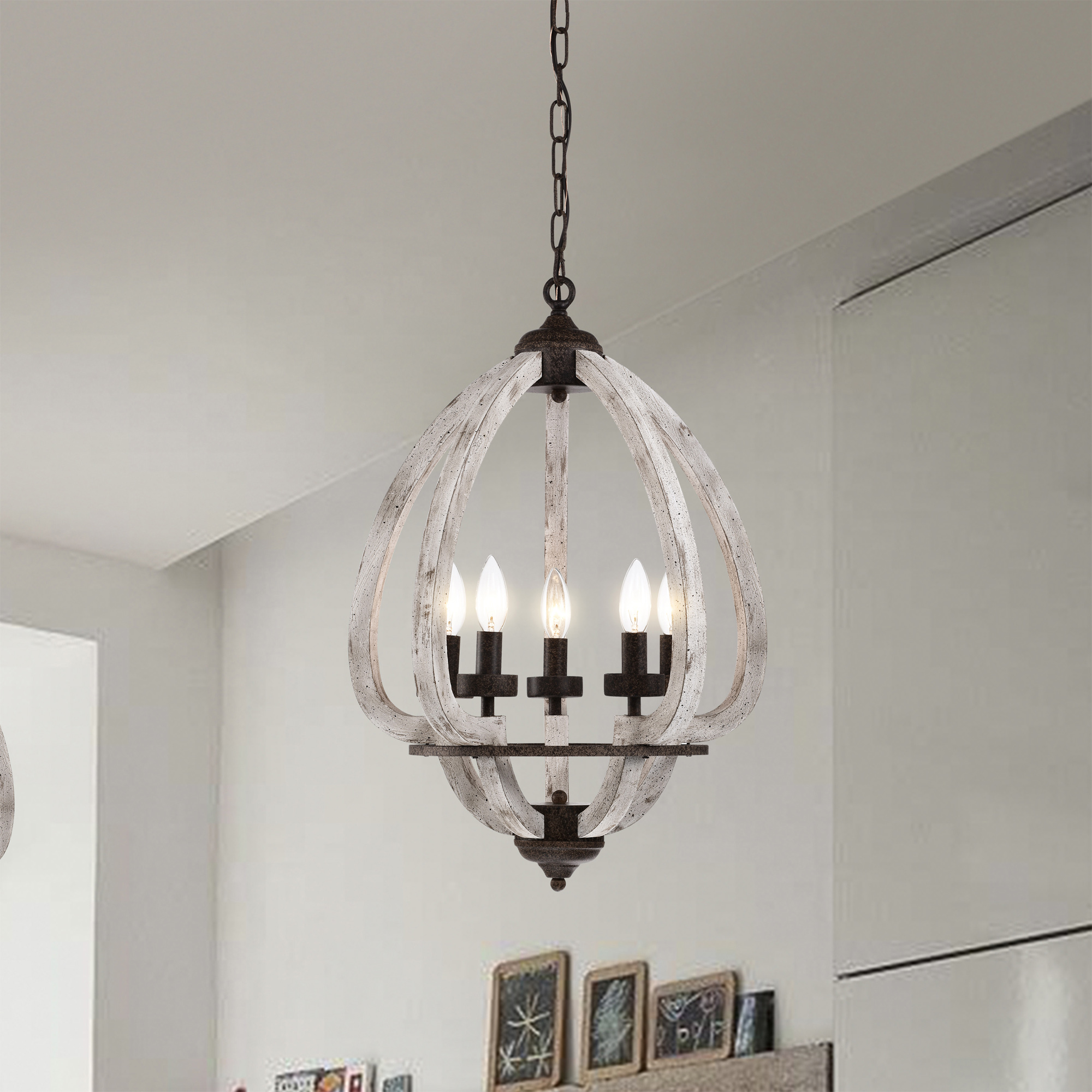 Nelly 18 in. 5-Light Indoor Rustic Brown and Weathered White Finish Chandelier with Light Kit