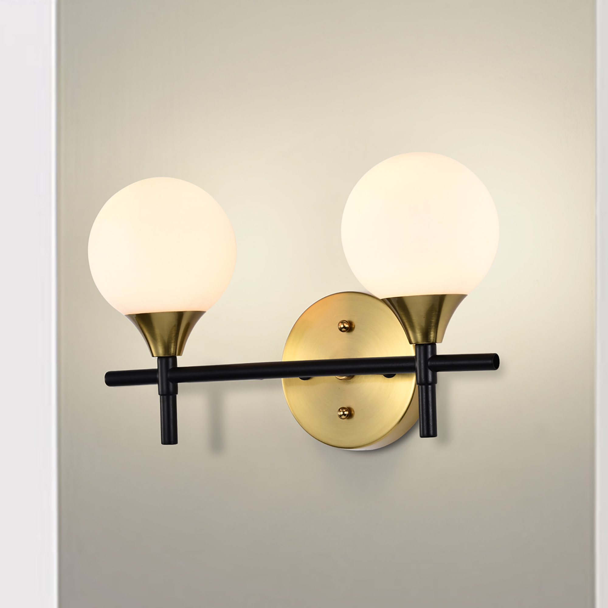 Trinity 14 in. 2-Light Indoor Matte Black and Brass Finish Wall Sconce with Light Kit