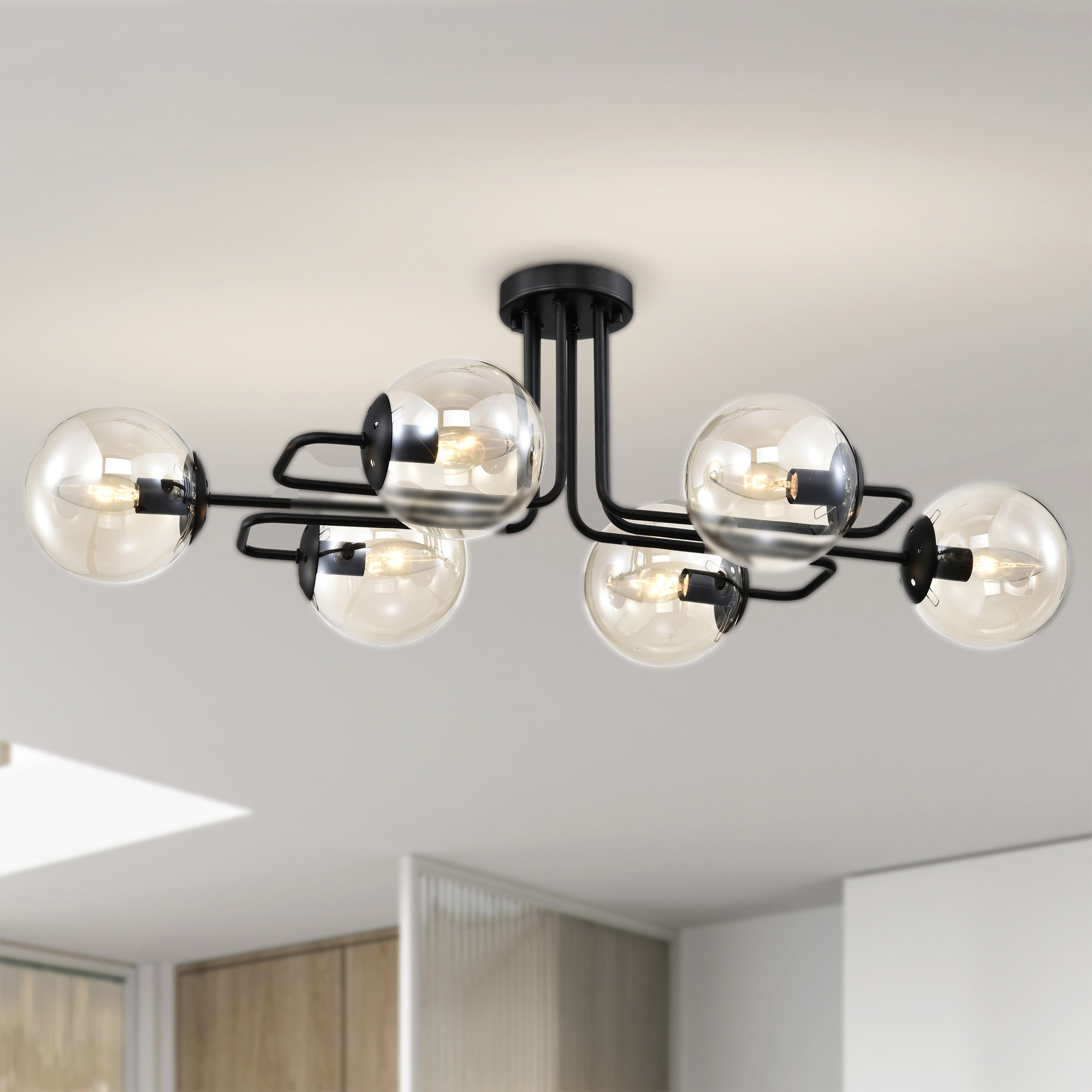 Nuka 37 in. 6-Light Indoor Matte Black Finish Semi-Flush Mount Ceiling Light with Light Kit