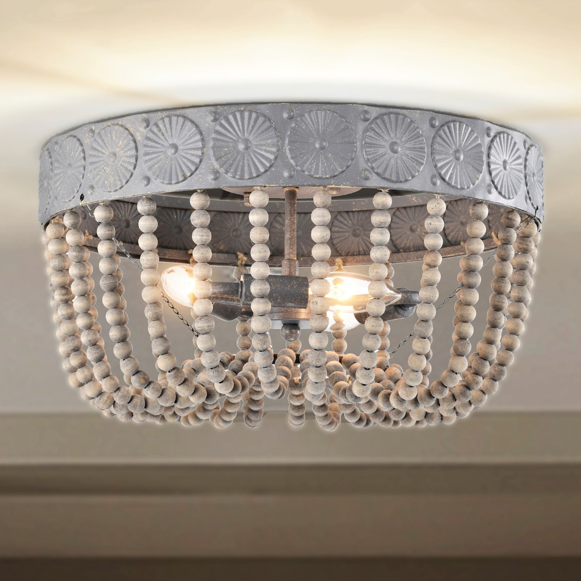 Poury 16 in. 3-Light Indoor Weathered Grey Finish Flush Mount Ceiling Light with Light Kit