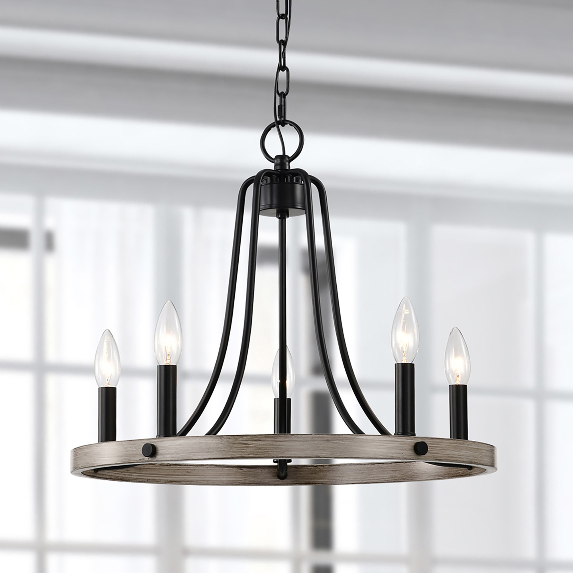 Ultan 20 in. 5-Light Indoor Matte Black and Faux Wood Grain Finish Chandelier with Light Kit