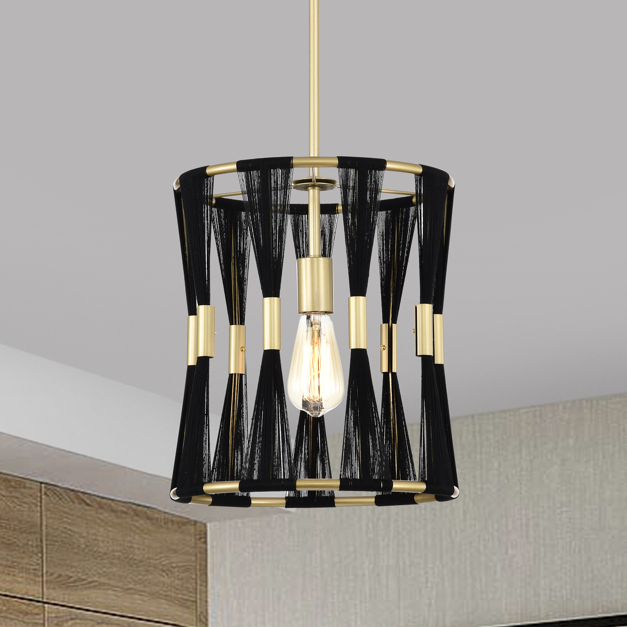 Mulus 12 in. 1-Light Indoor Satin Gold and Black Thread Finish Pendant Light with Light Kit