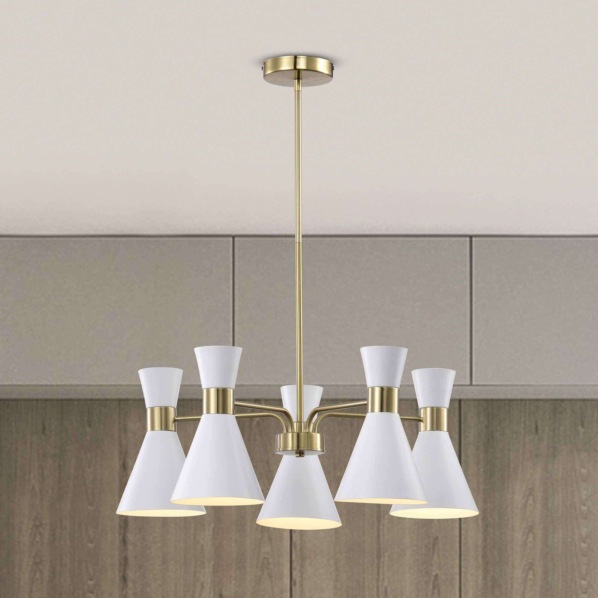 Mariet 24.9 in. 5-Light Indoor Brass and Matte White Finish Chandelier with Light Kit