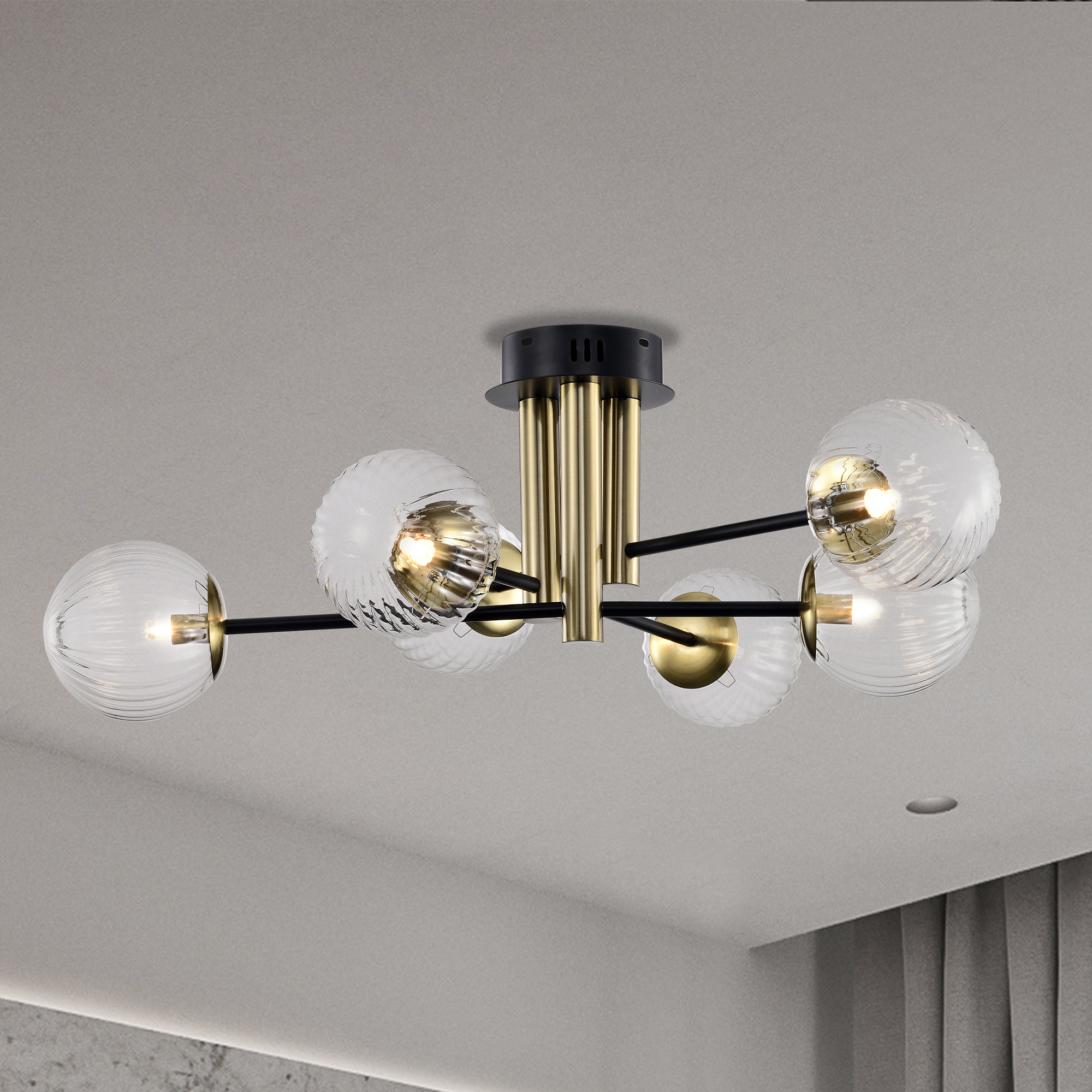 Atlas 31.6 in. 6-Light Indoor Matte Black and Brass Finish Semi-Flush Mount Ceiling Light with Light Kit