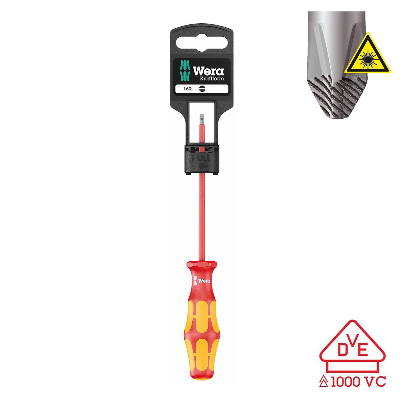 Wera VDE Insulated Screwdriver: Slotted 3mm x 100mm (On Hang-Tag With Lasertip)