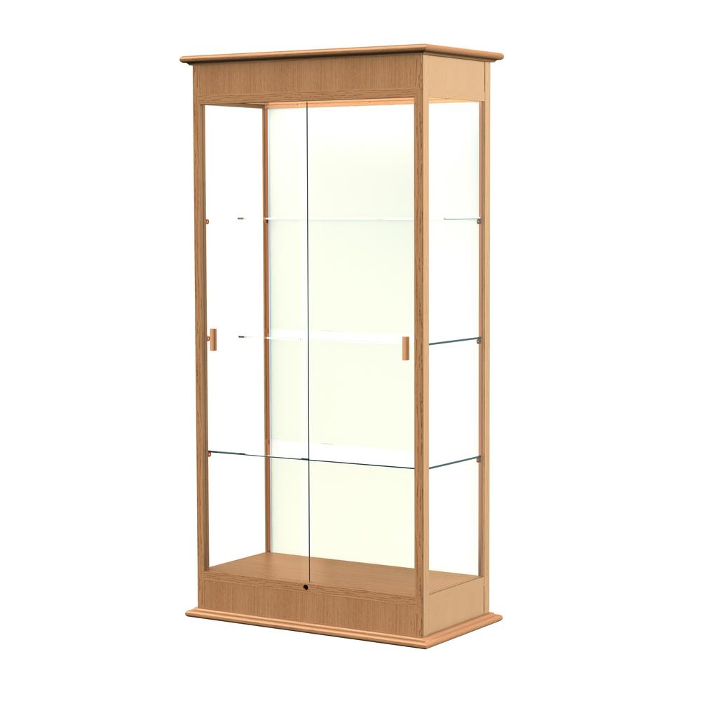 Varsity  36"W x 77"H x 18"D  Lighted Floor Case, Sliding Doors, Plaque Back, Natural Oak Finish